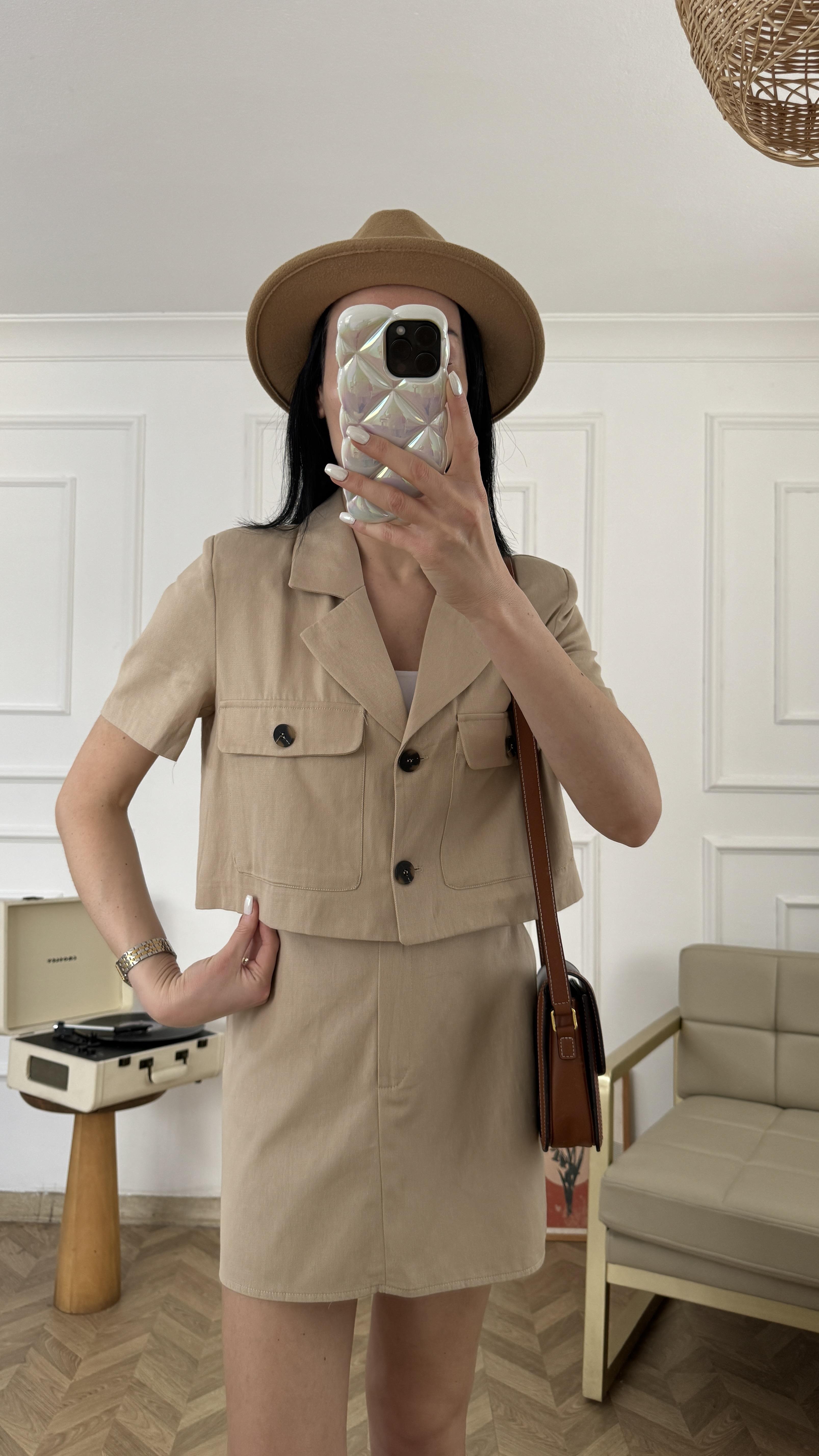 Camel Gabardin Kumaş Etekli Takım