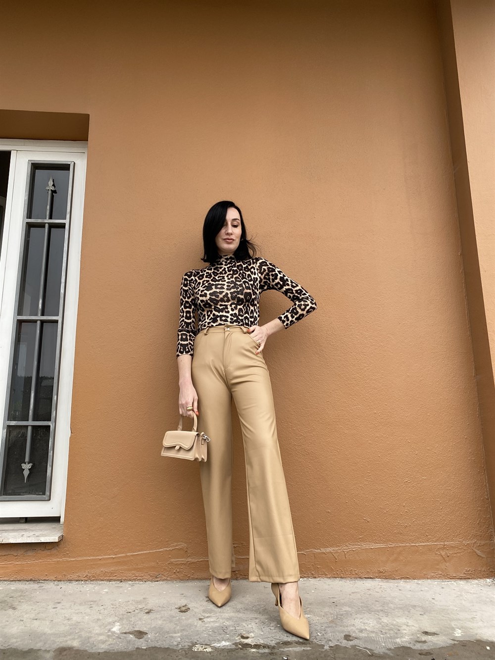 Camel Palazzo Deri Pantolon