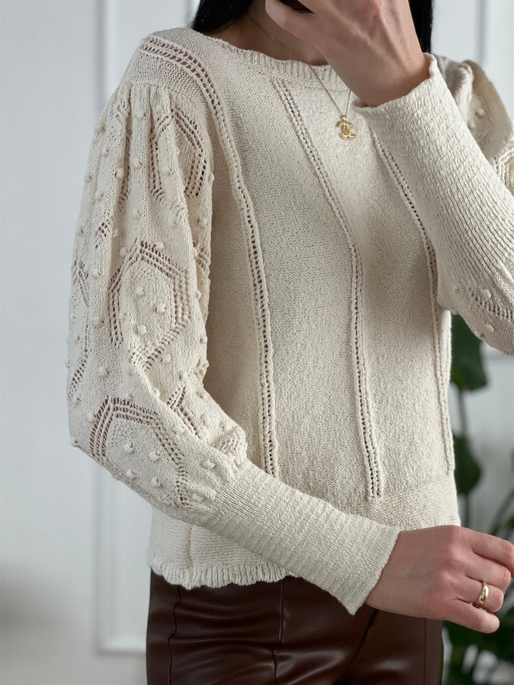 Ekru Balon Kol Triko