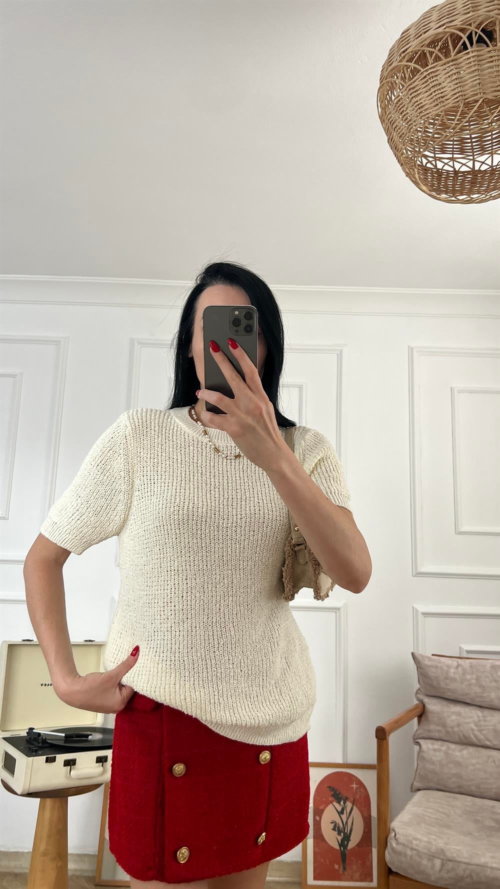 Ekru Bisiklet Yaka Merserize Triko