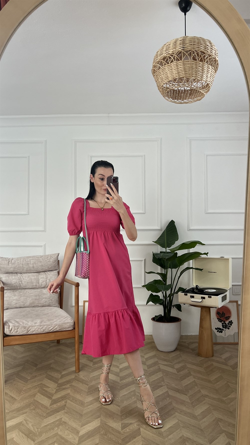Fuşya Gipe Detaylı Poplin Elbise