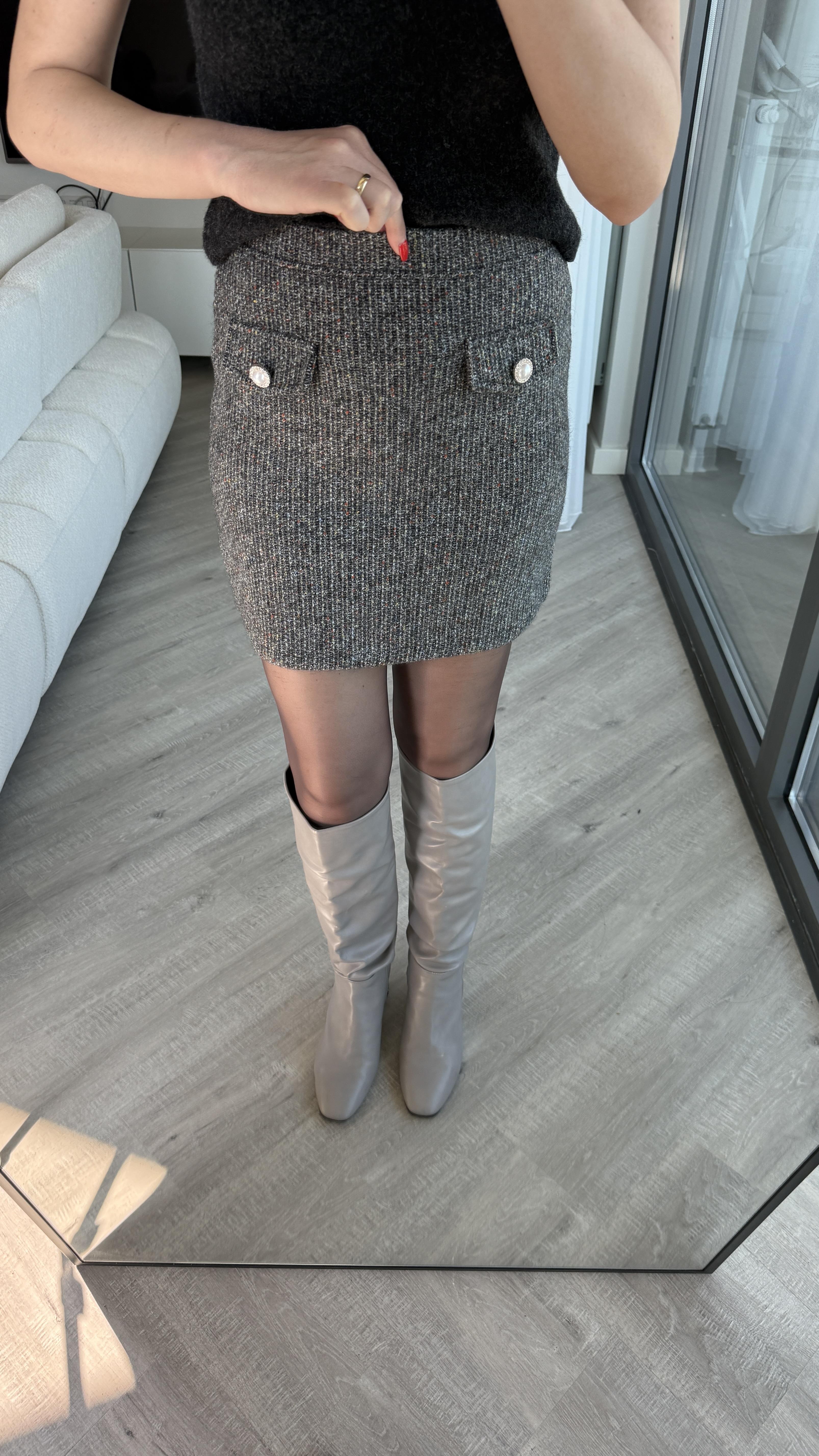 Gri Cep Detaylı Etek