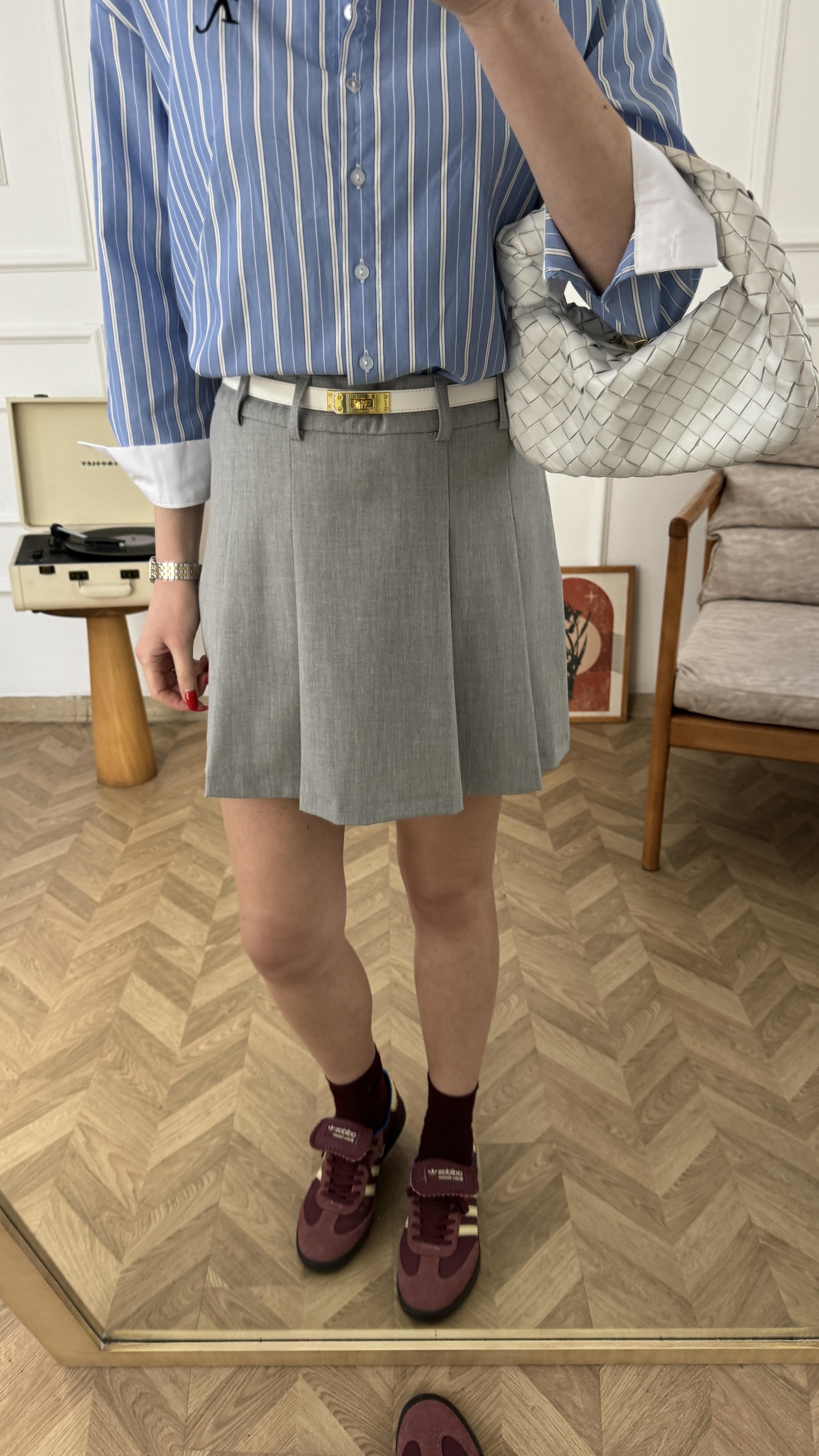 Gri Kalın Pileli Şort Etek