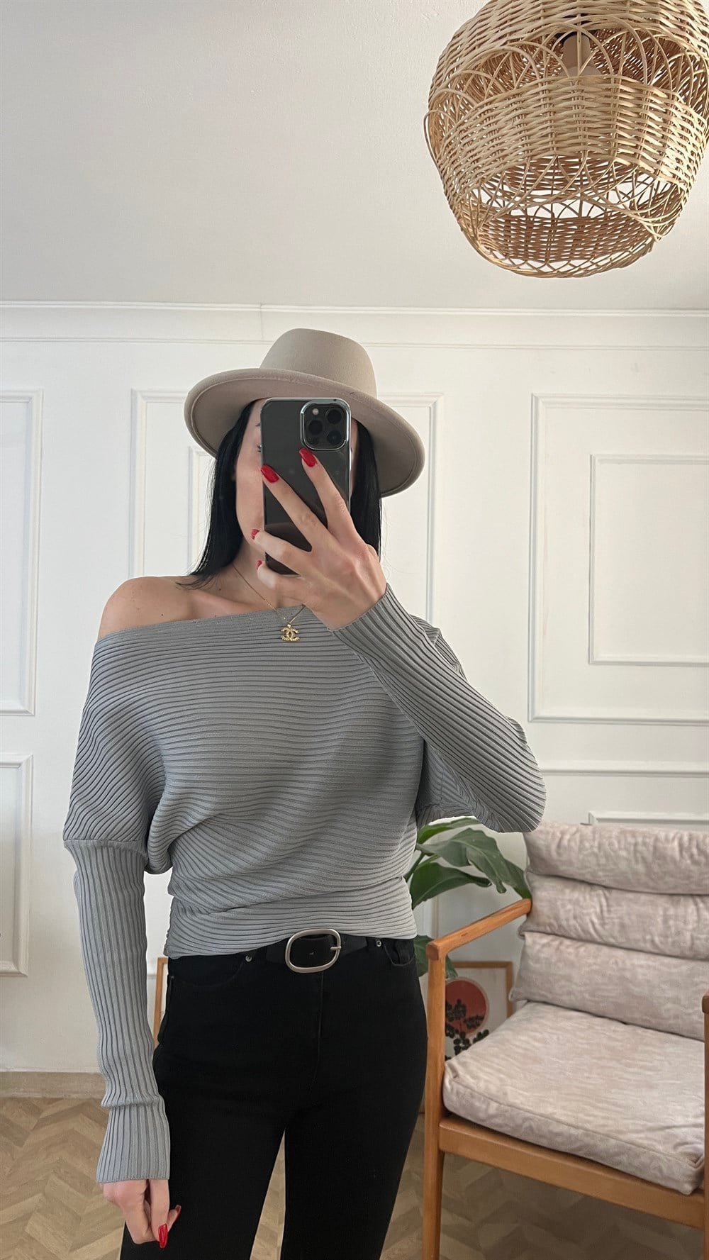 Gri Kayık Yaka Fitilli Triko