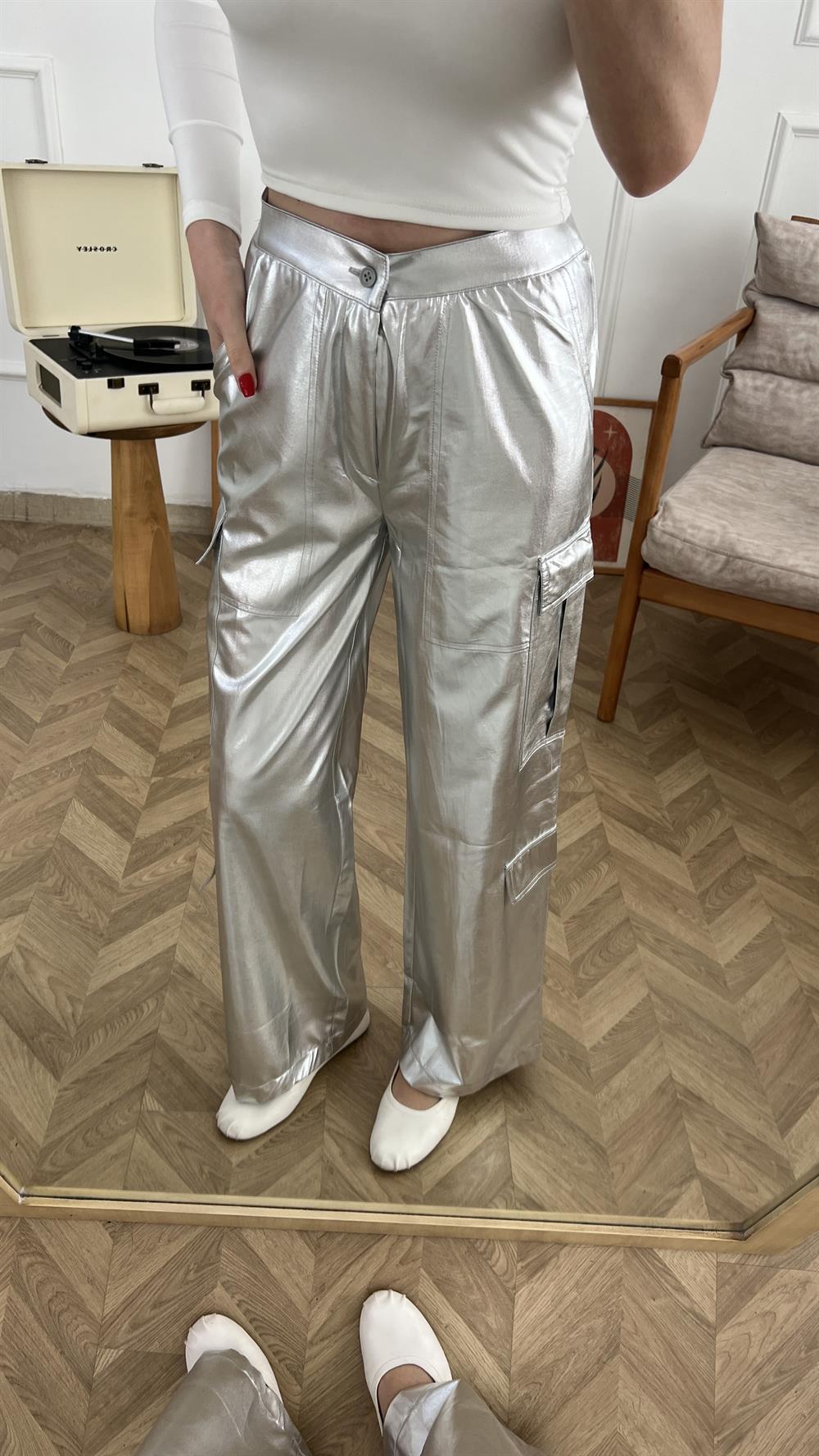 Gri Metalik Kargo Pantolon
