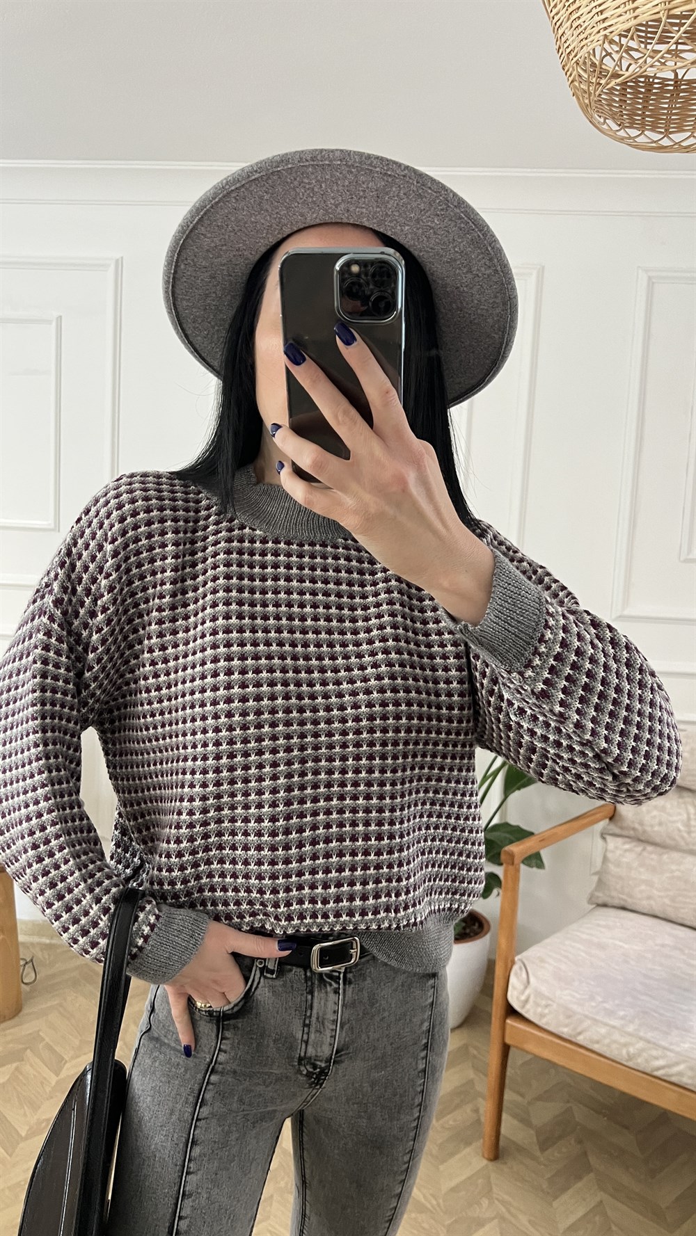 Gri Mürdüm Desenli Triko