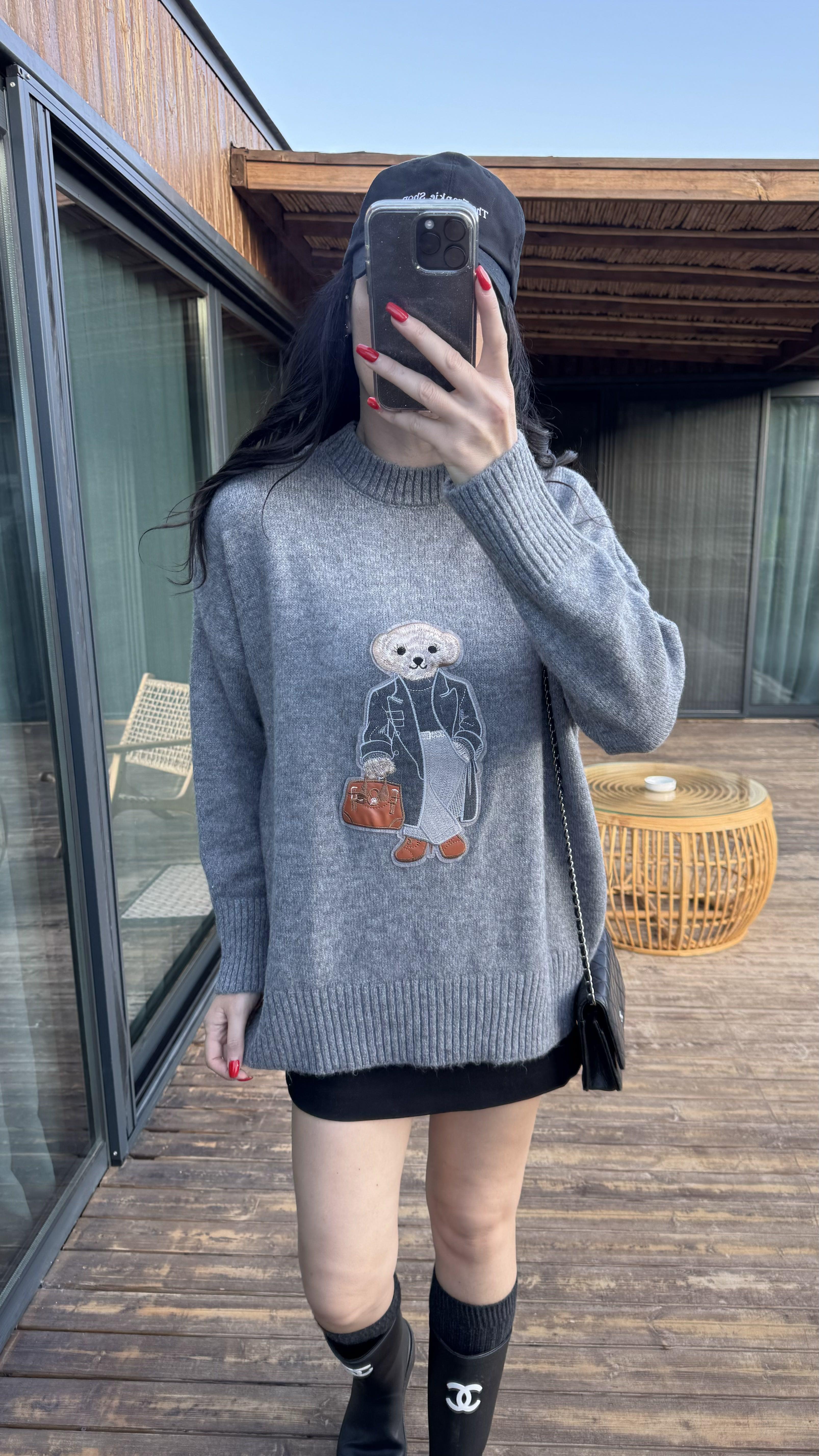 Gri Şardonlu Ayıcık Desen Triko Kazak