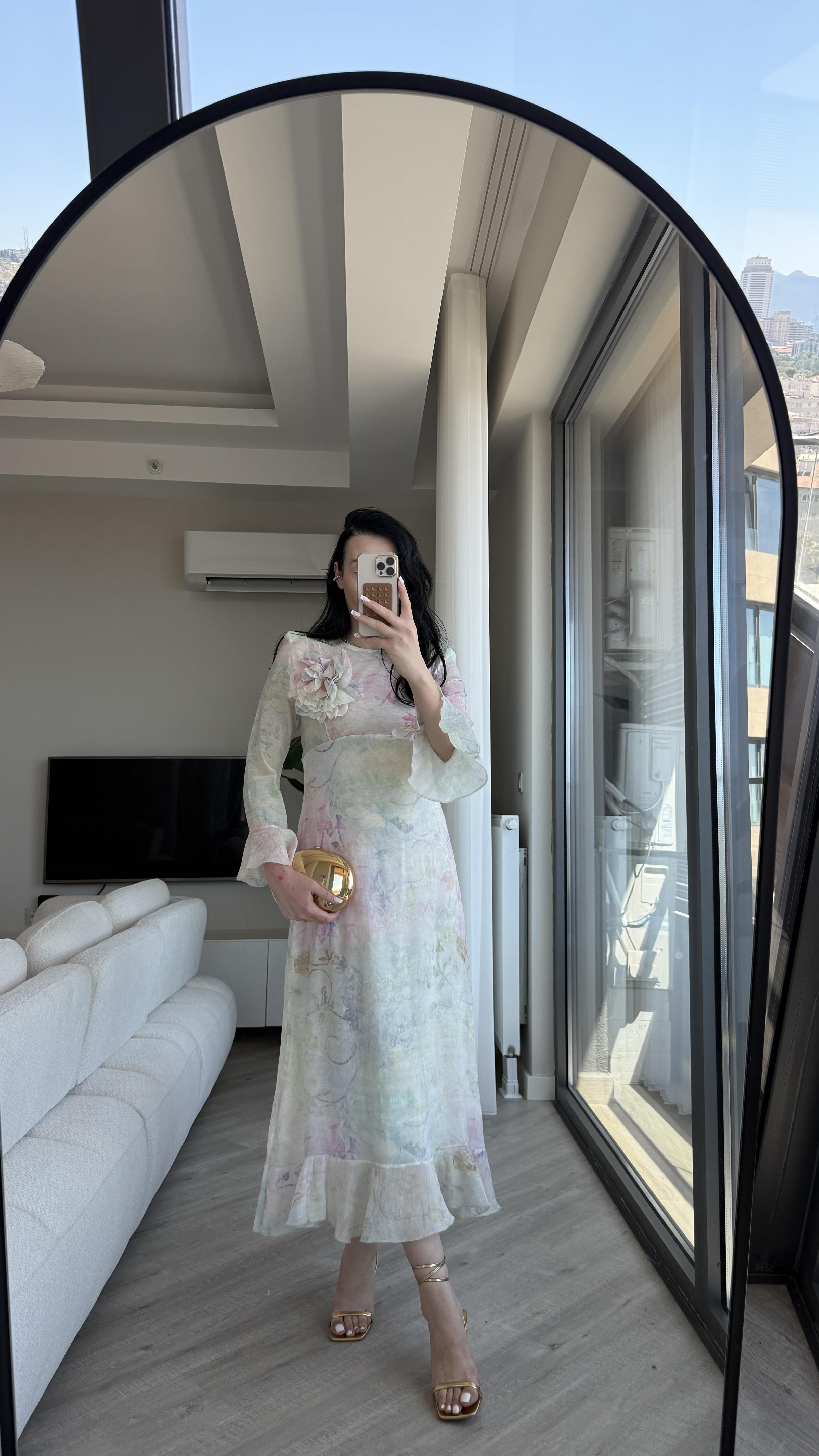Gül Detaylı Pastel Elbise