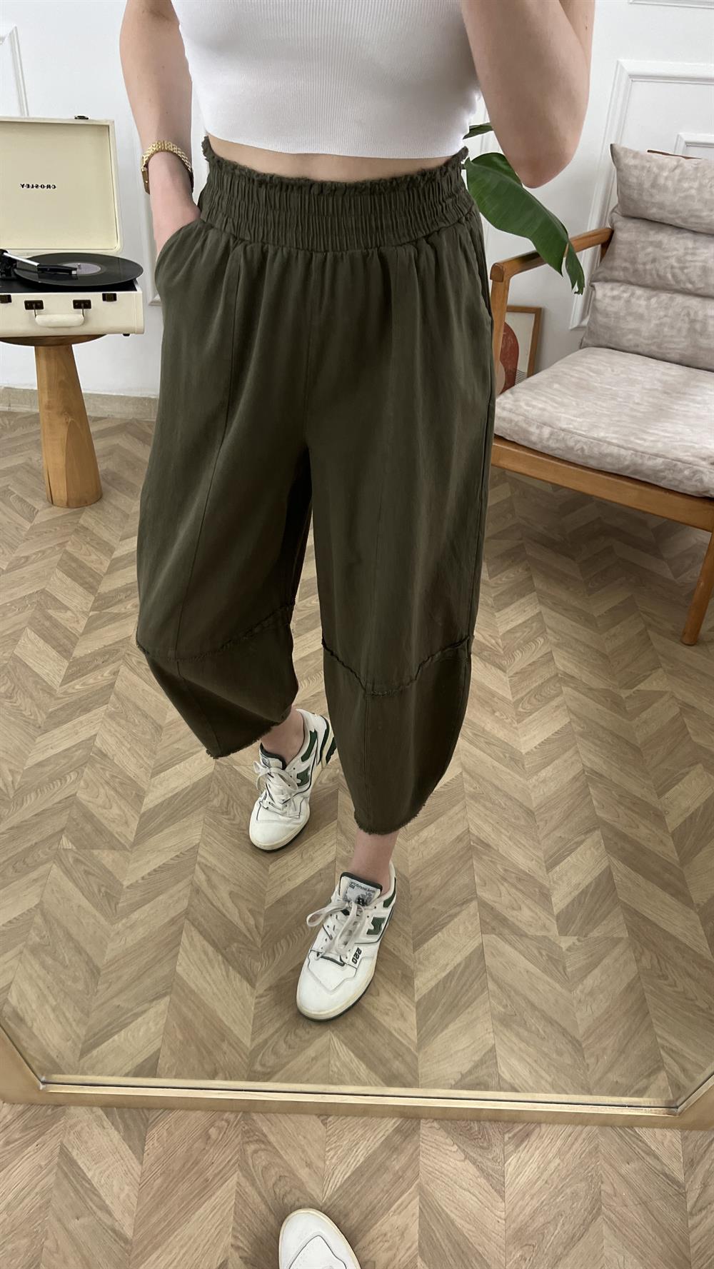 Haki Beli Lastikli Şalvar Pantolon