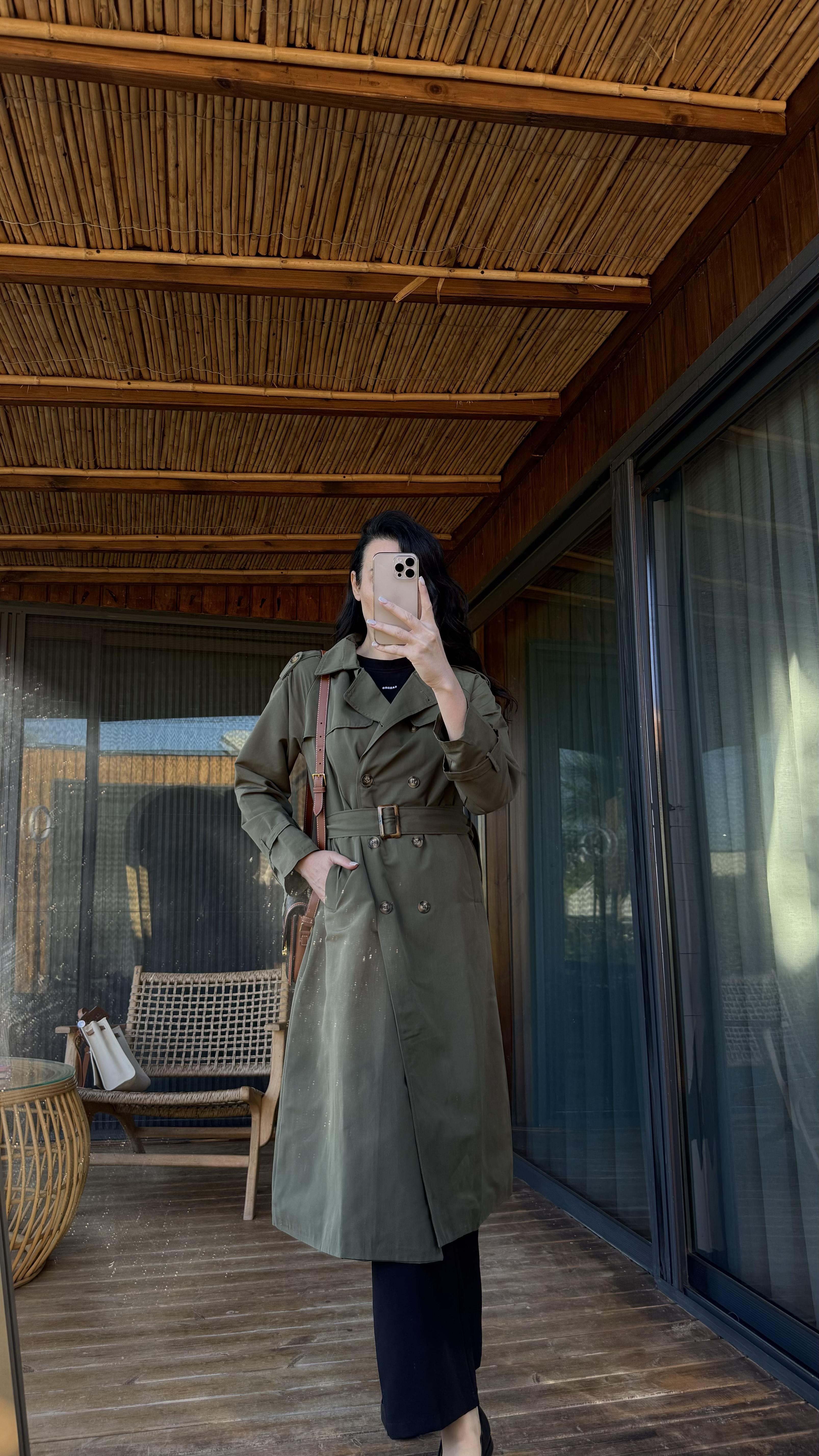 Haki Kendinden Kuşaklı Astarlı Trenchcoat