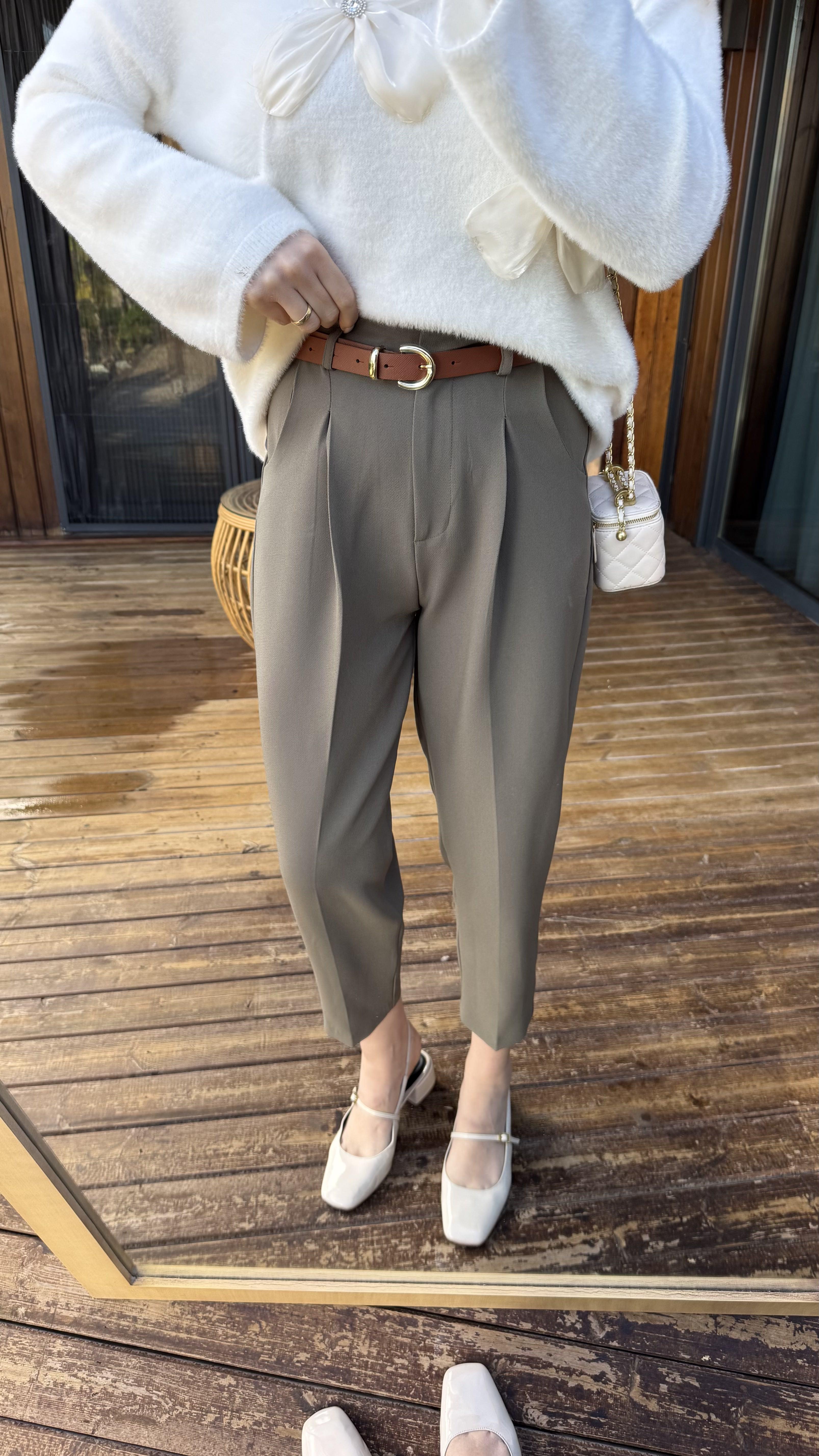 Haki Kendinden Taba Kemerli Havuç Pantalon
