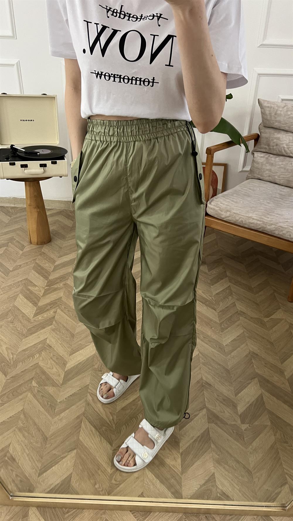 Haki Parlak Cepli  Paraşüt Pantolon