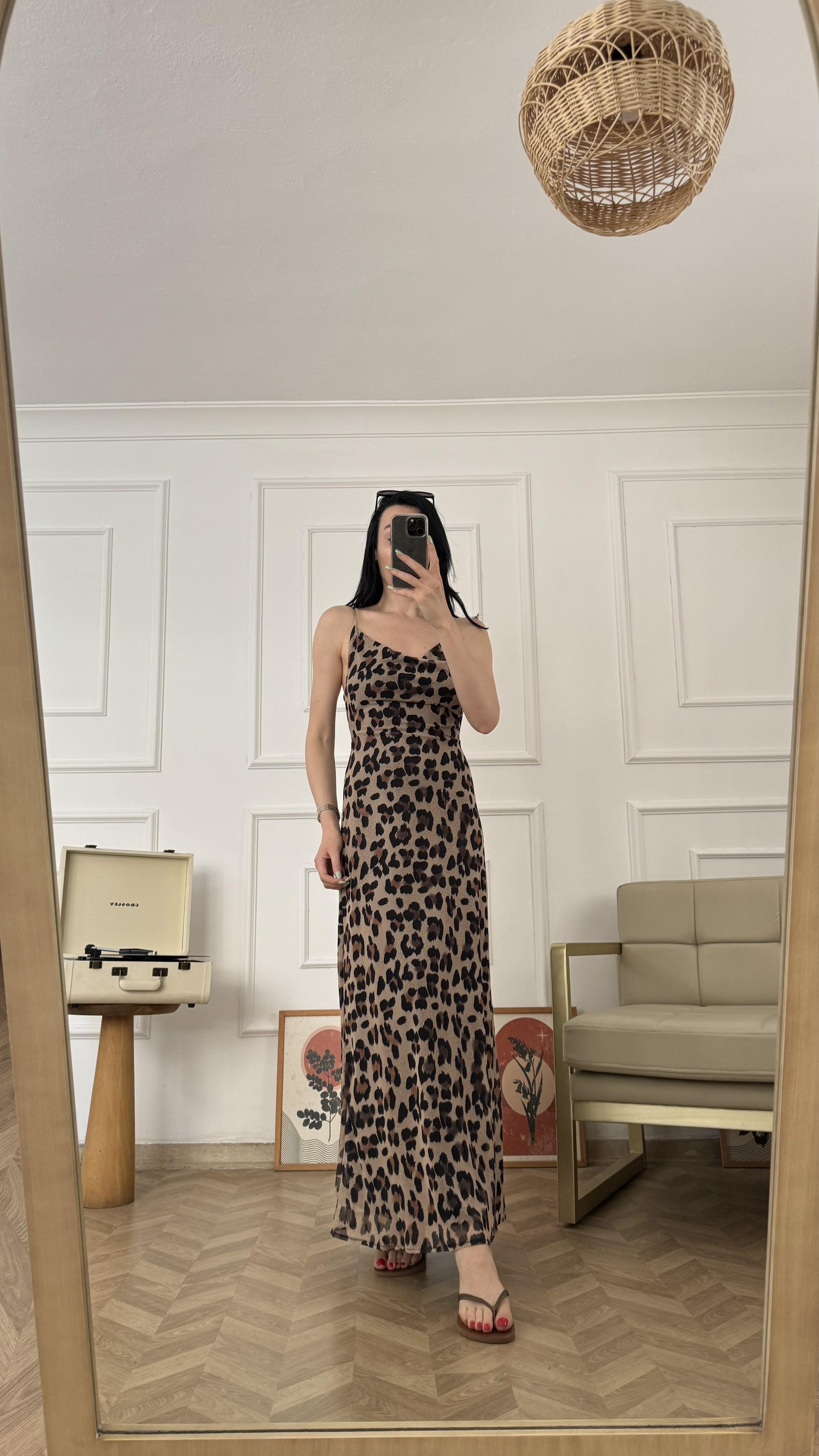İp Askılı Likralı Leopar Desenli Elbise