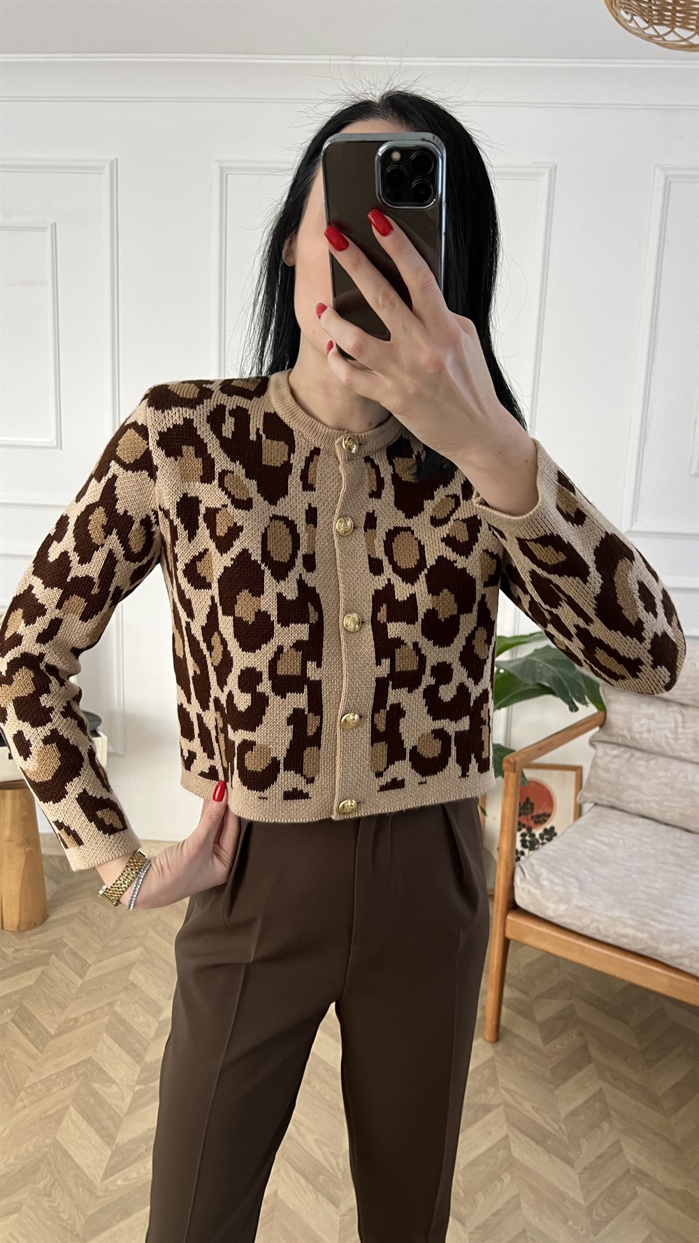 Kahve Bej Leopar Desen Hırka