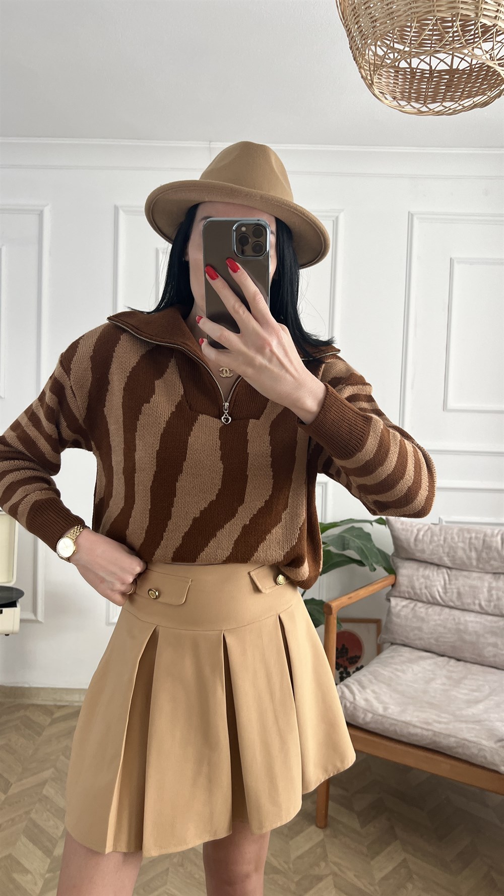 Kahve Camel Fermuarlı Triko