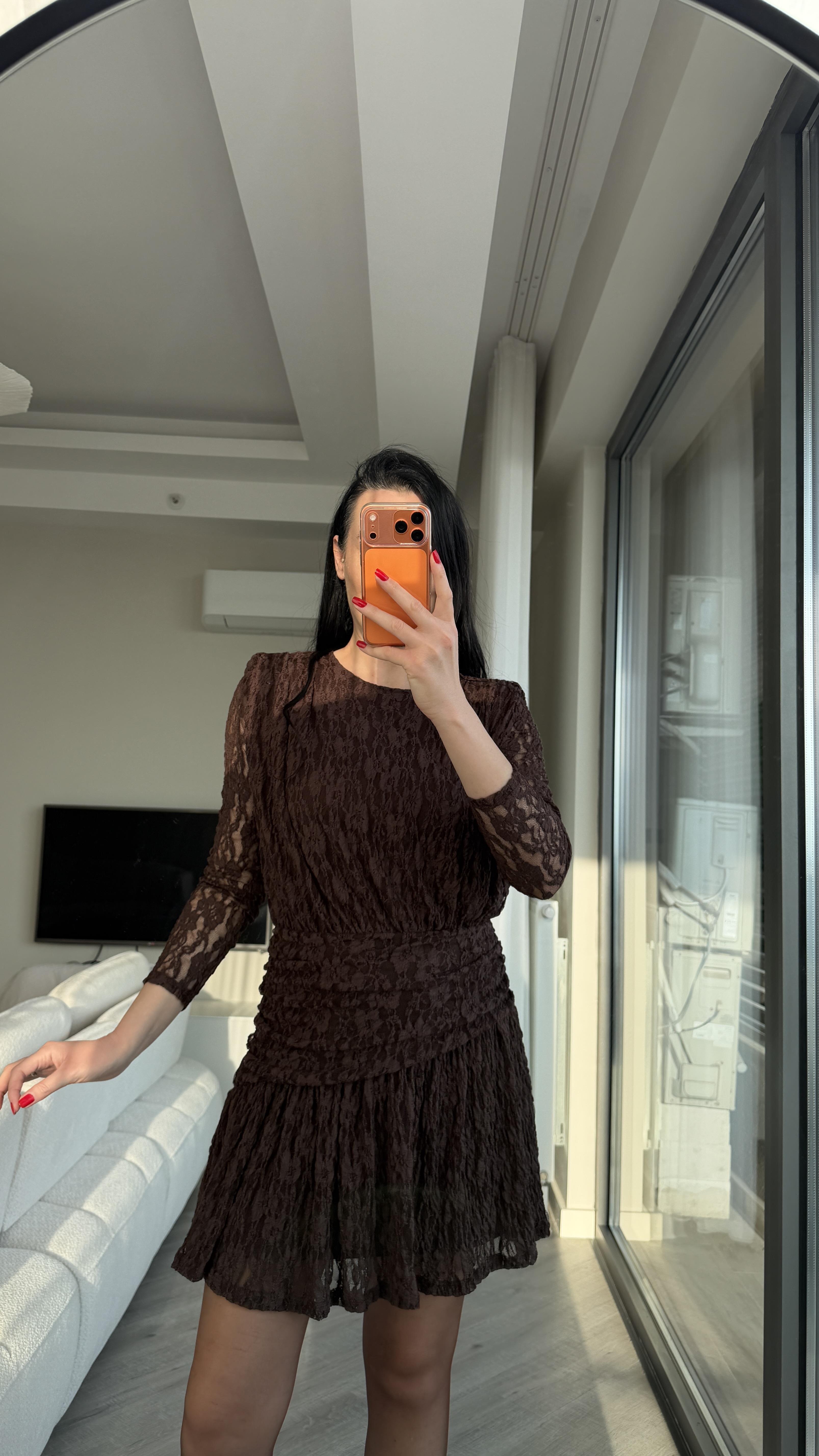 Kahve Dantel Elbise