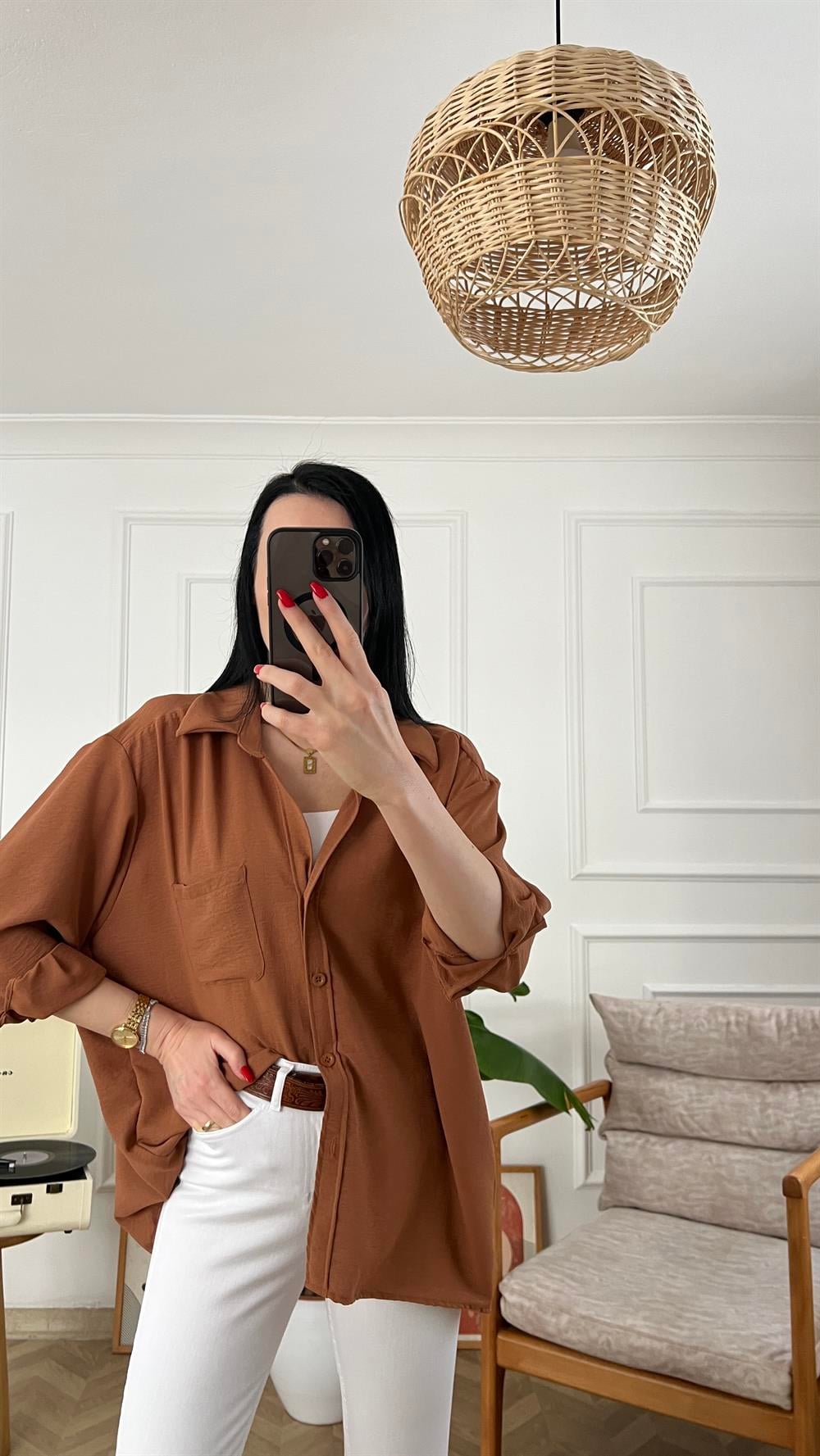 Kahve Tensel Kumaş Oversize Gömlek