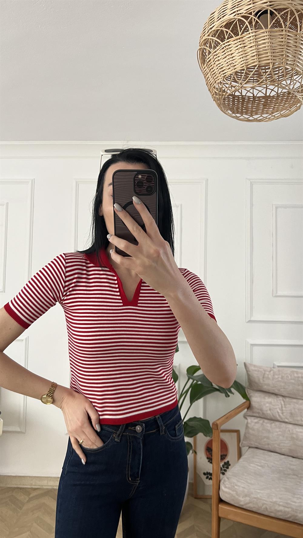Kırmızı Çizgili Polo Yaka Çelik Triko