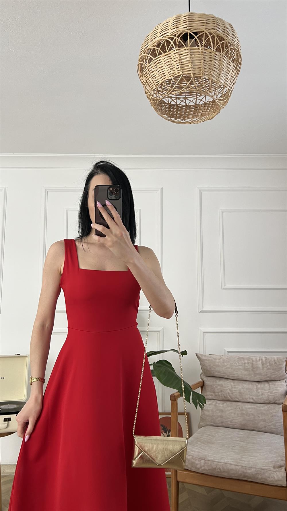 Kırmızı Kalın Askılı Eteği Kloş Elbise