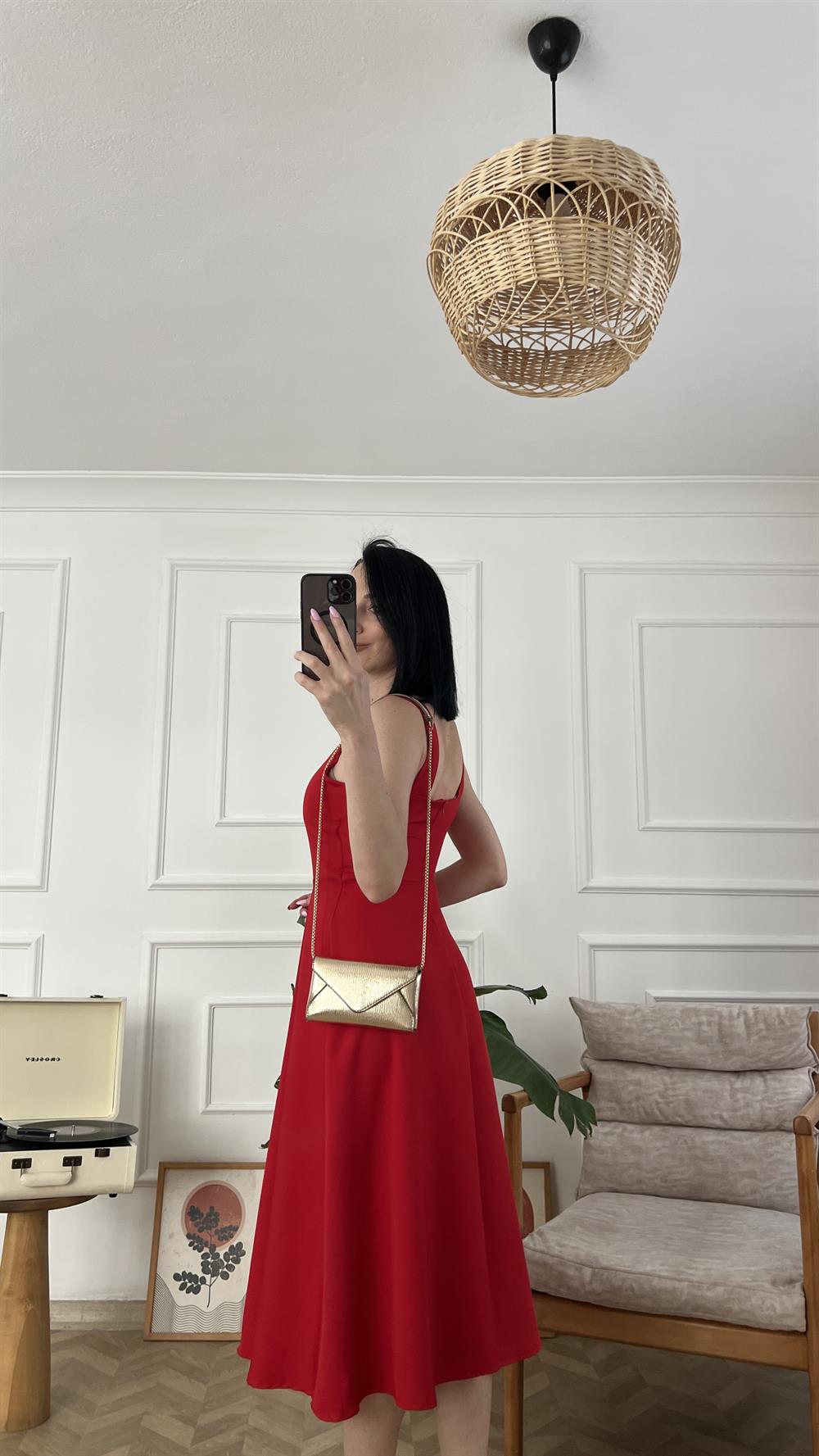 Kırmızı Kalın Askılı Eteği Kloş Elbise