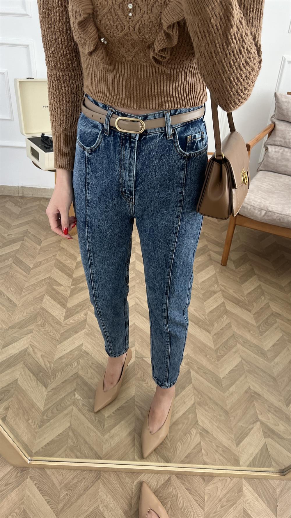 Koyu Kar Yıkama Parçalı Mom Fit Jean