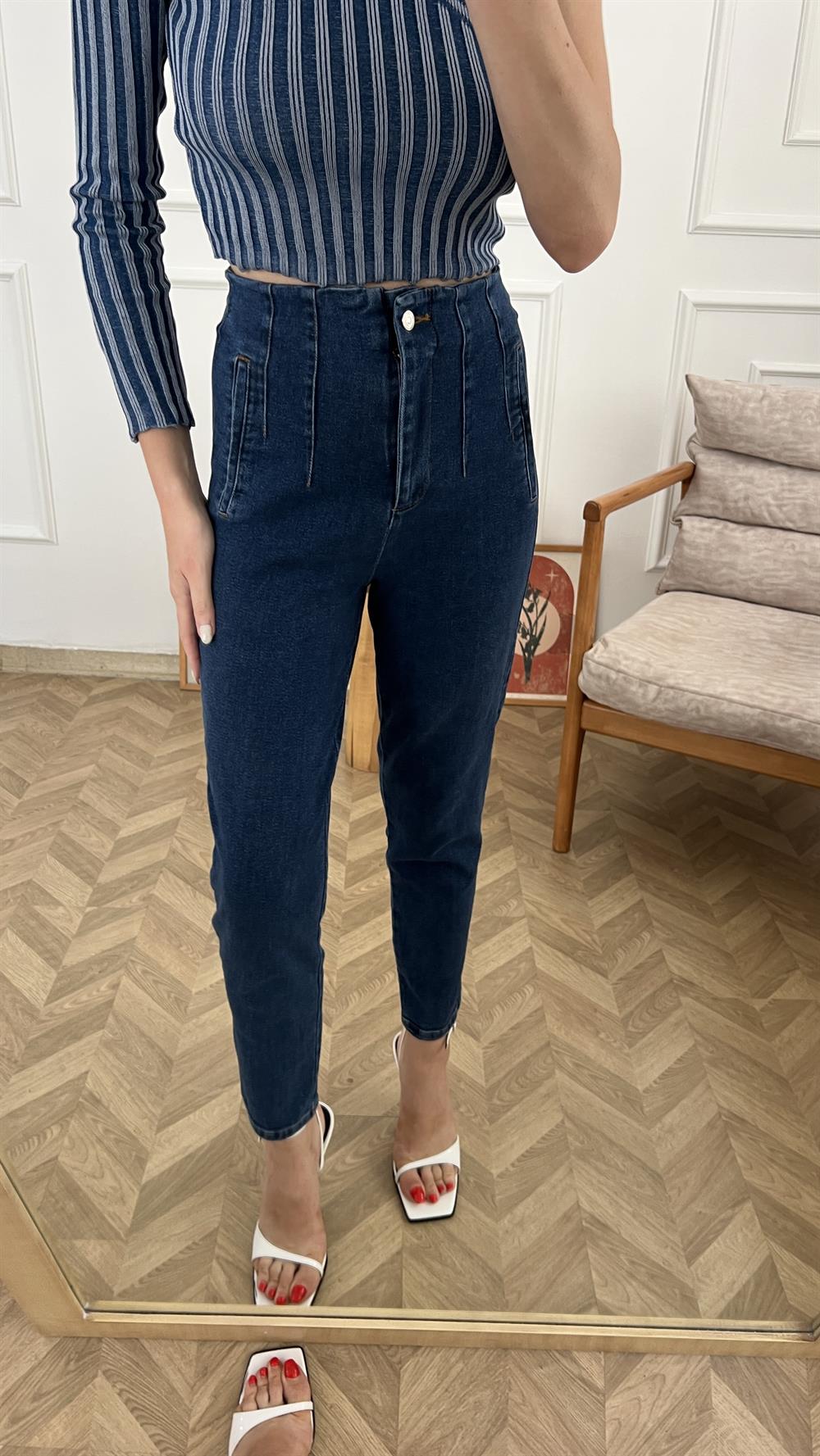 Koyu Mavi Pens Detaylı Power Likralı Jean