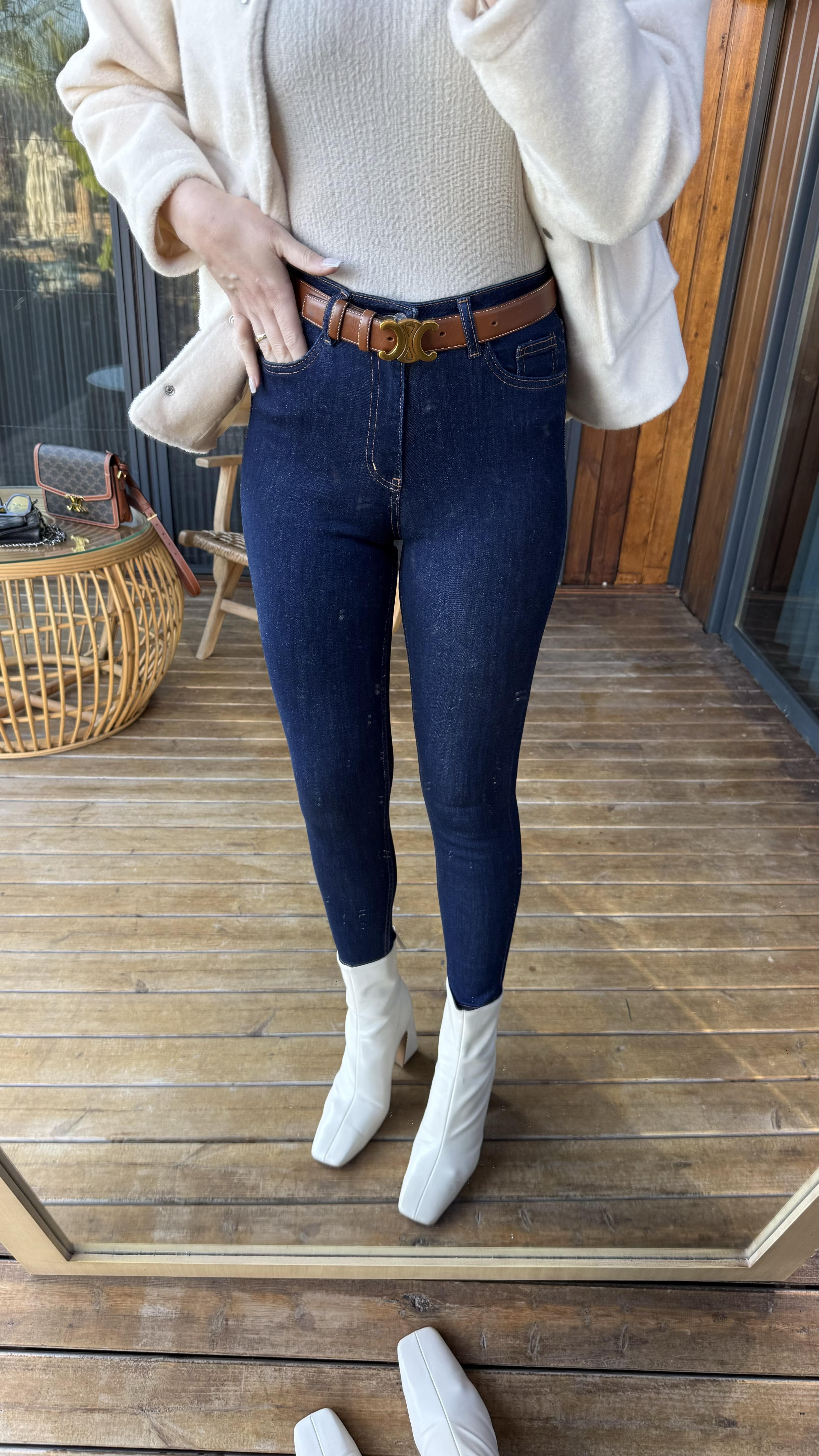Koyu Mavi Yüksek Bel Full Likralı Skinny Jean