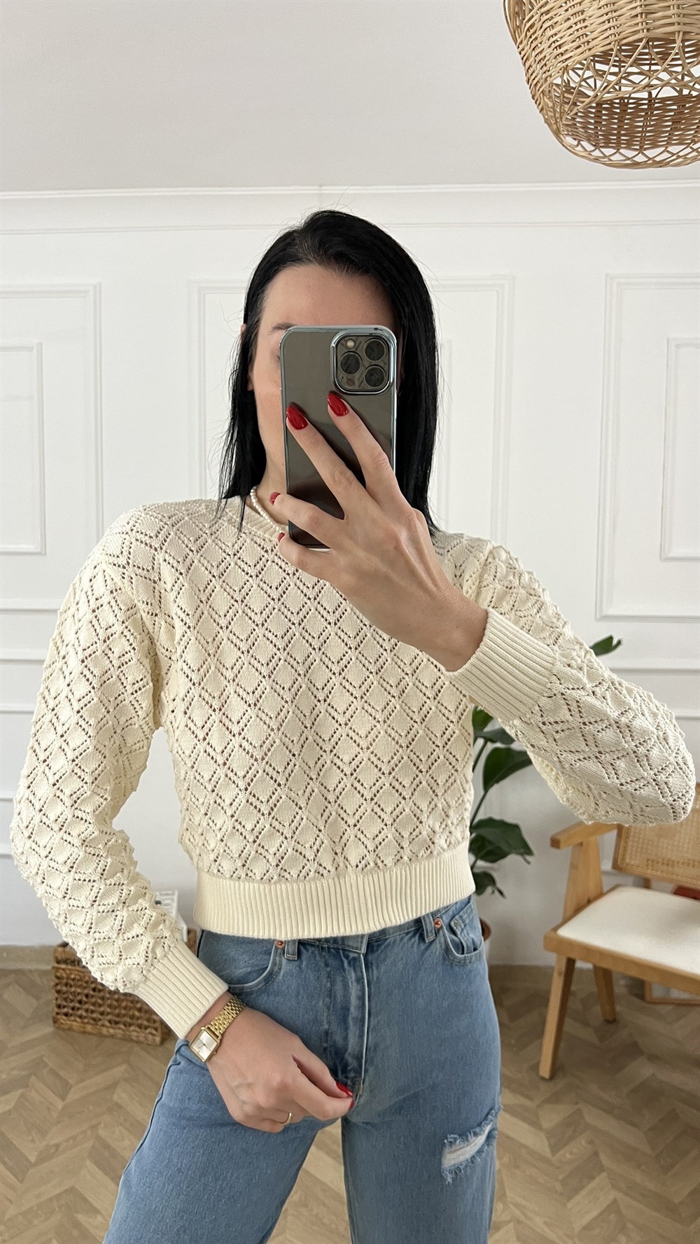 Krem Baklava Desen Triko 