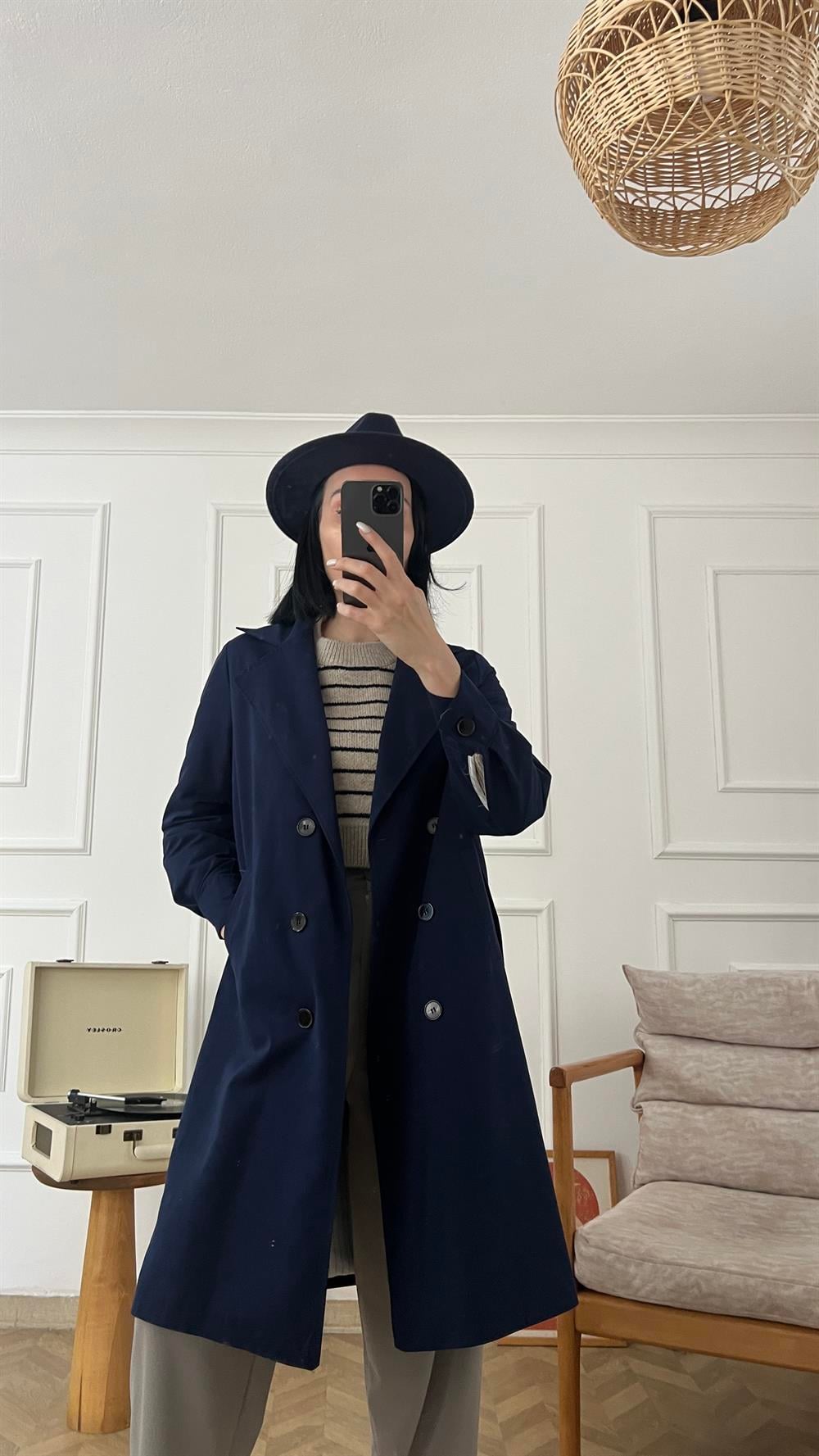 Lacivert Astarlı Trenchcoat