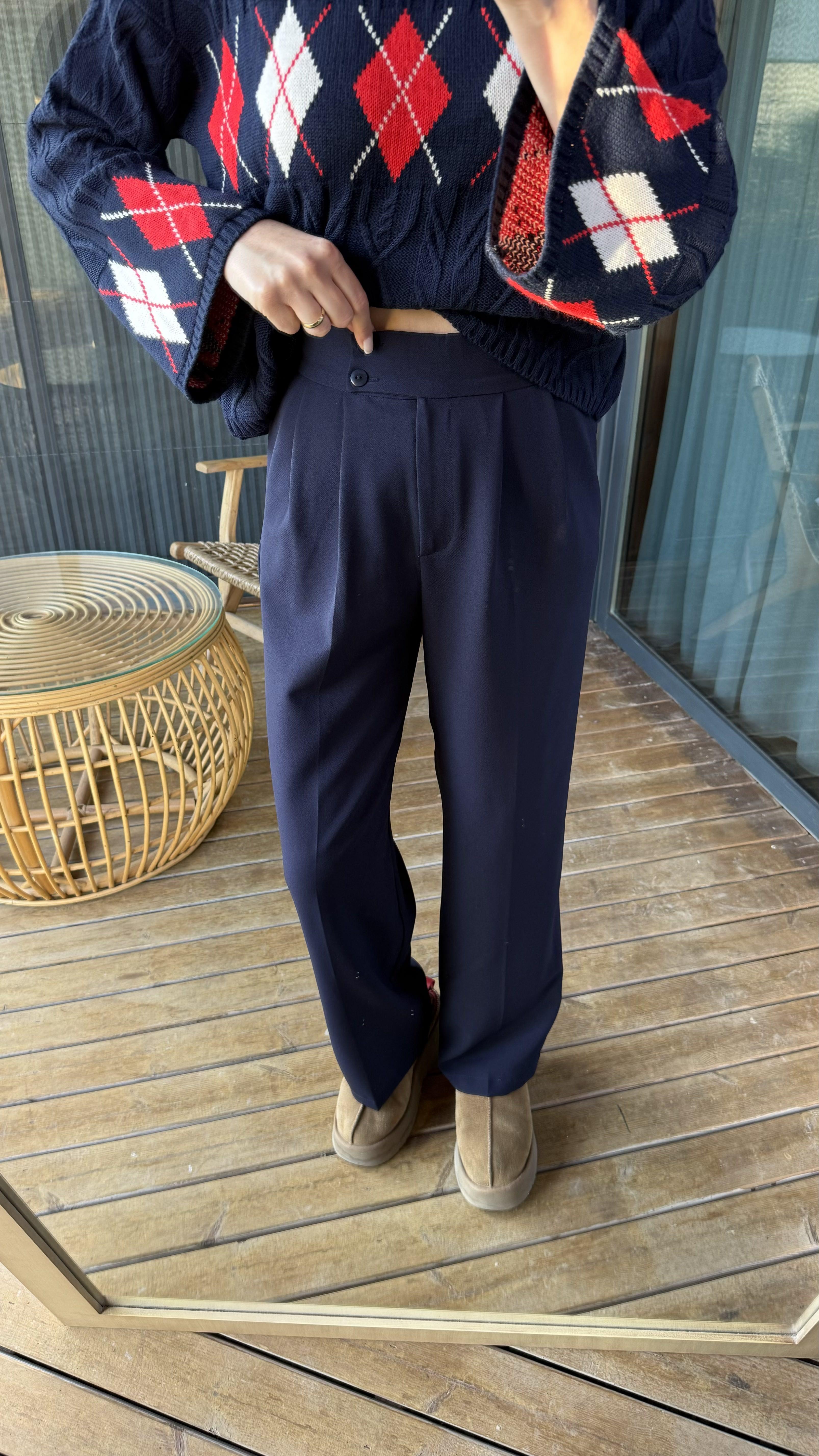 Lacivert Çift Düğmeli Palazzo Pantolon