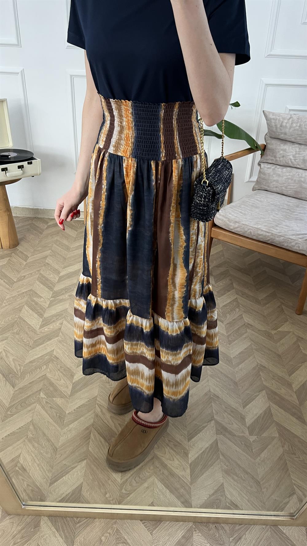 Lacivert Kahve Batik Desen Etek