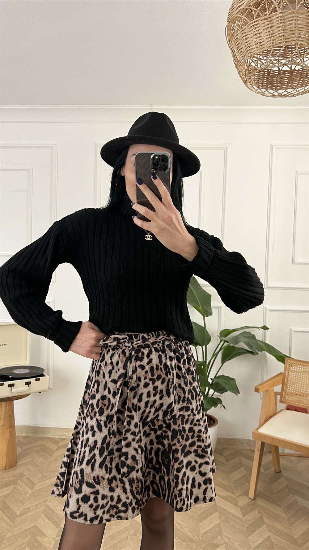 Leopar Desen Kuşaklı Beli Lastikli Etek