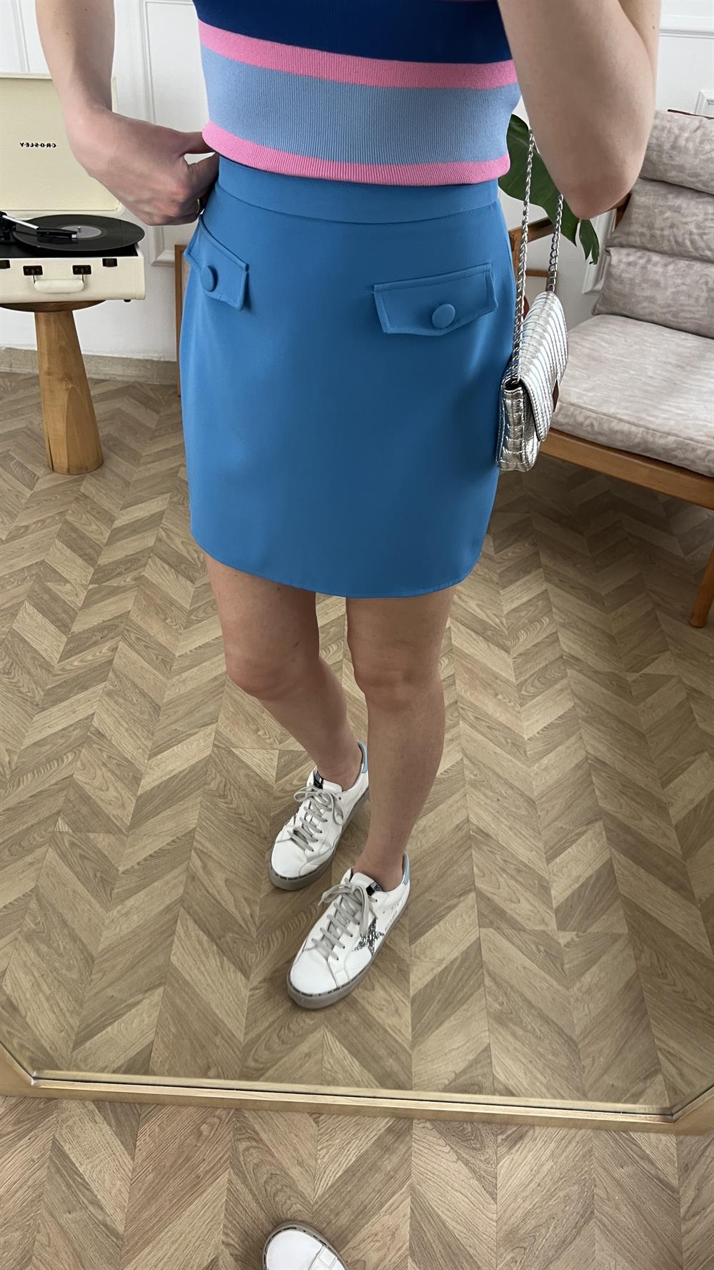 Mavi Cep Detaylı Etek