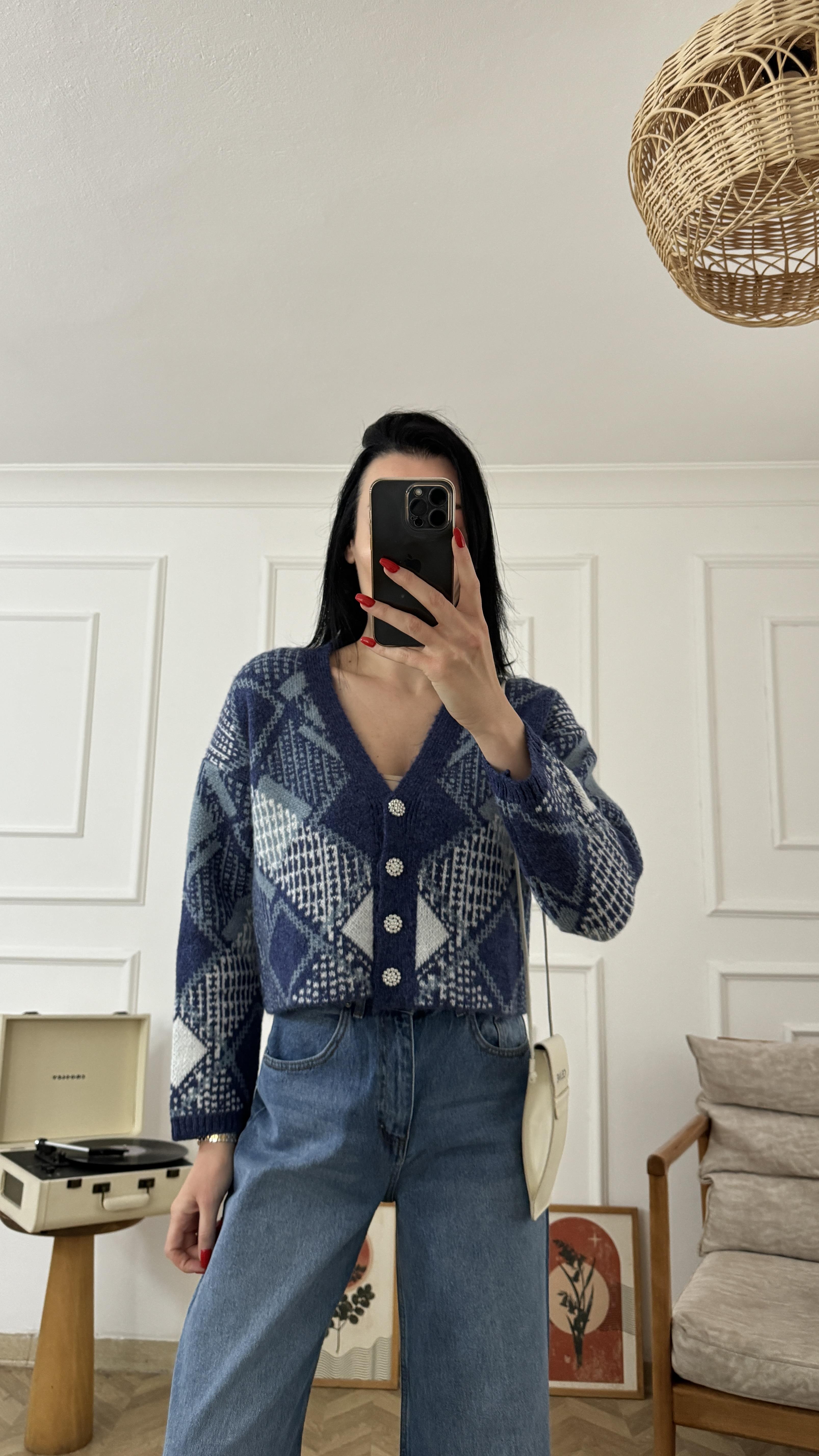 Mavi Ekru Taş Düğmeli Hırka