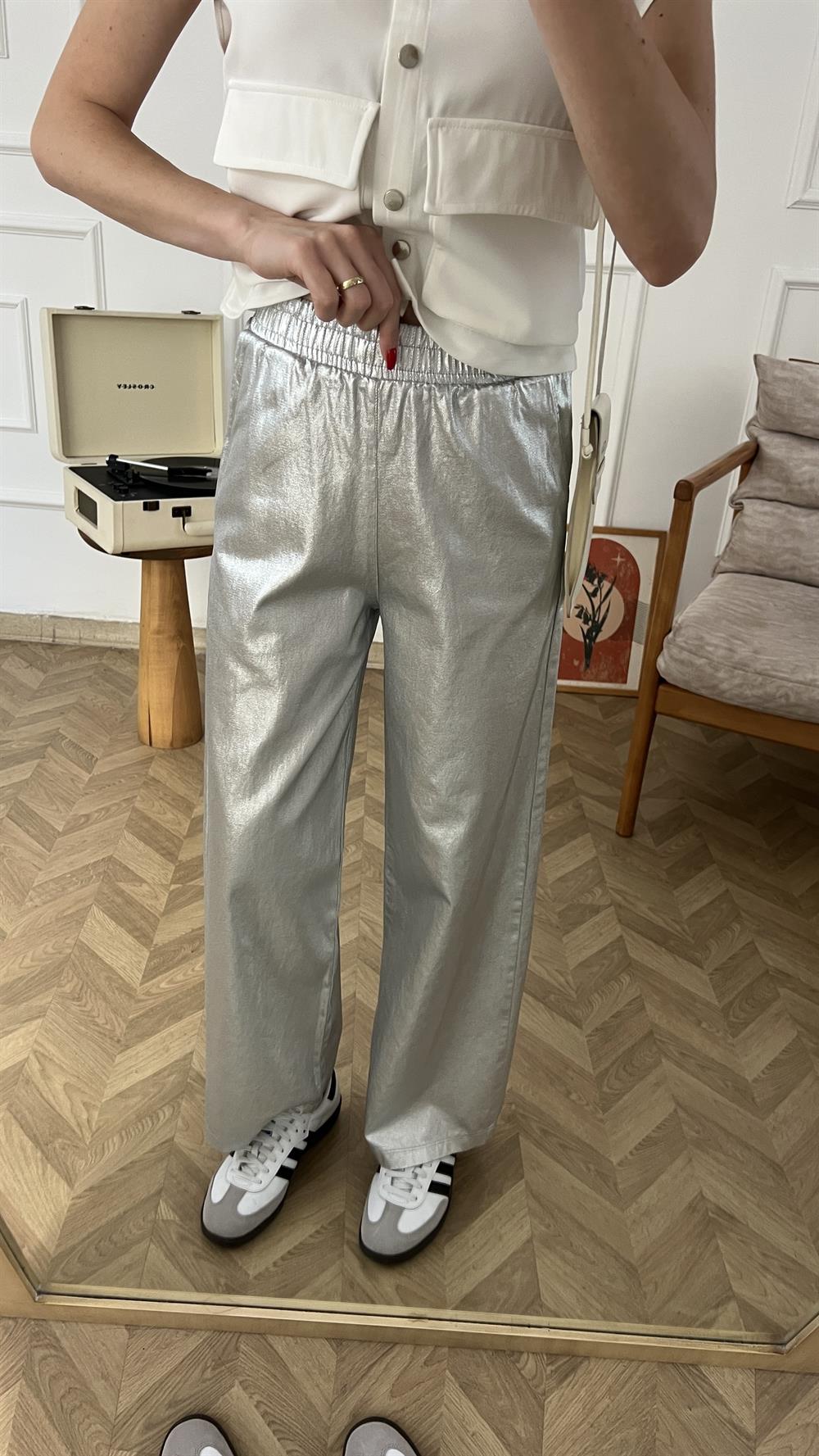 Metalik Gri Beli Lastikli Bol Paça Pantolon