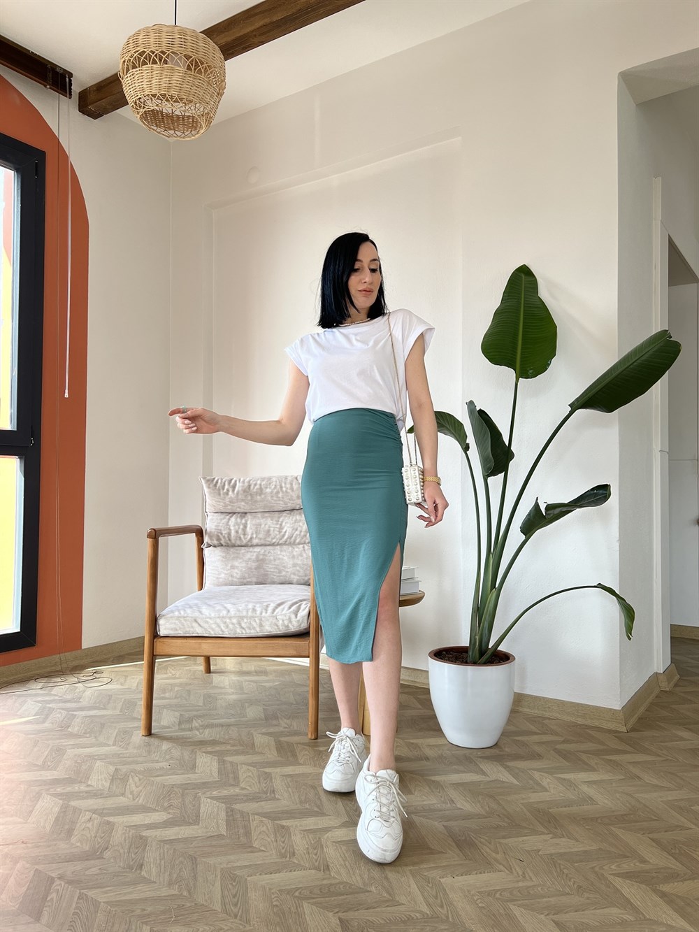 Mint Yırtmaç Detaylı Etek