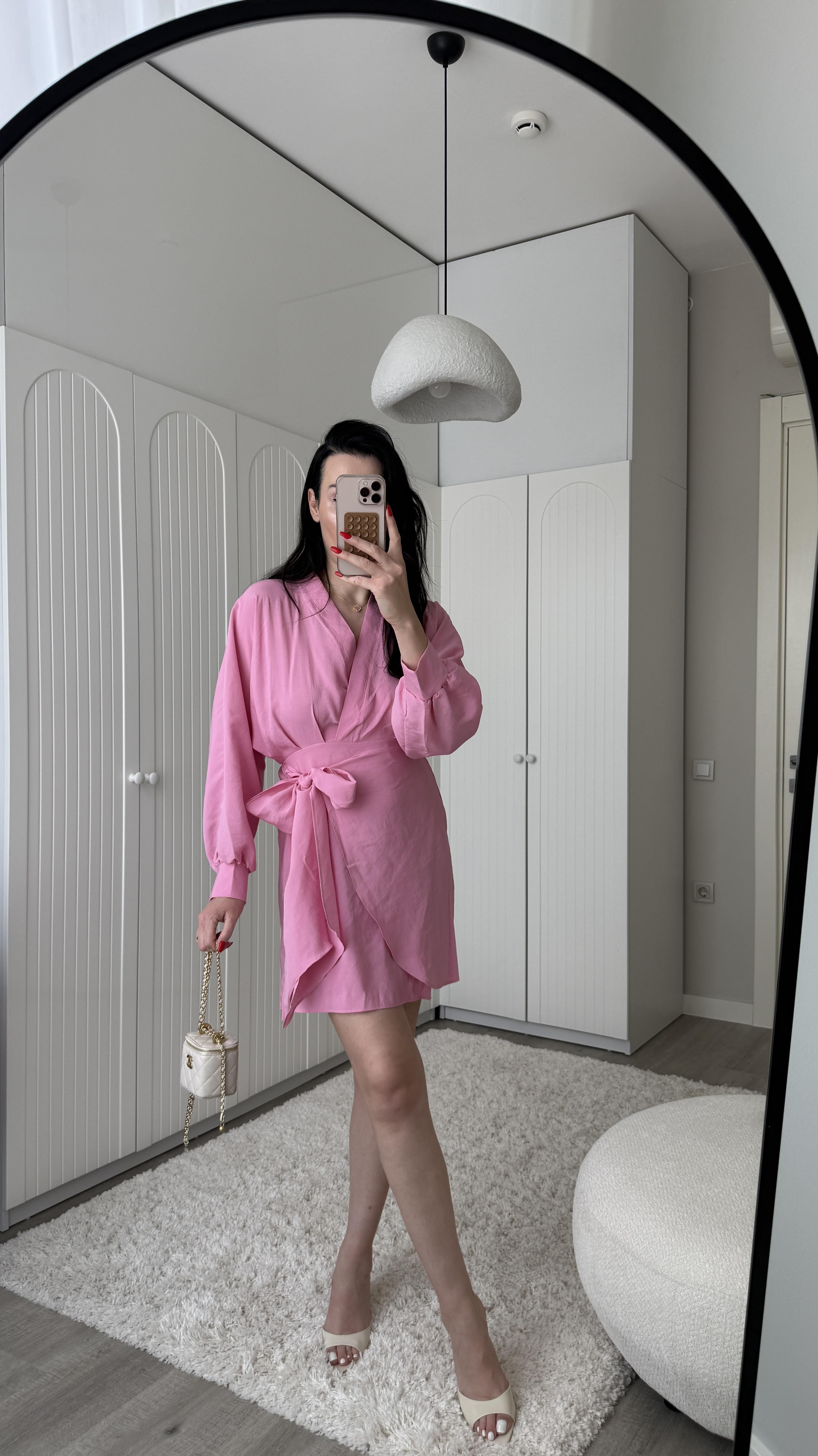 Modal Kumaş Pembe Önden Bağlamalı Elbise