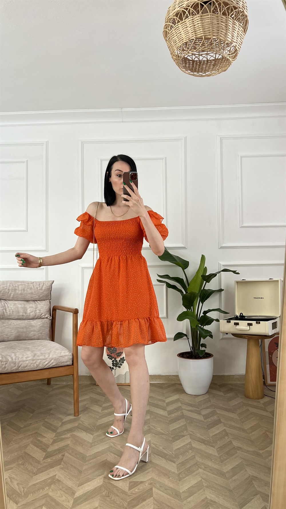 Orange Beyaz Minik Benek Desen Elbise