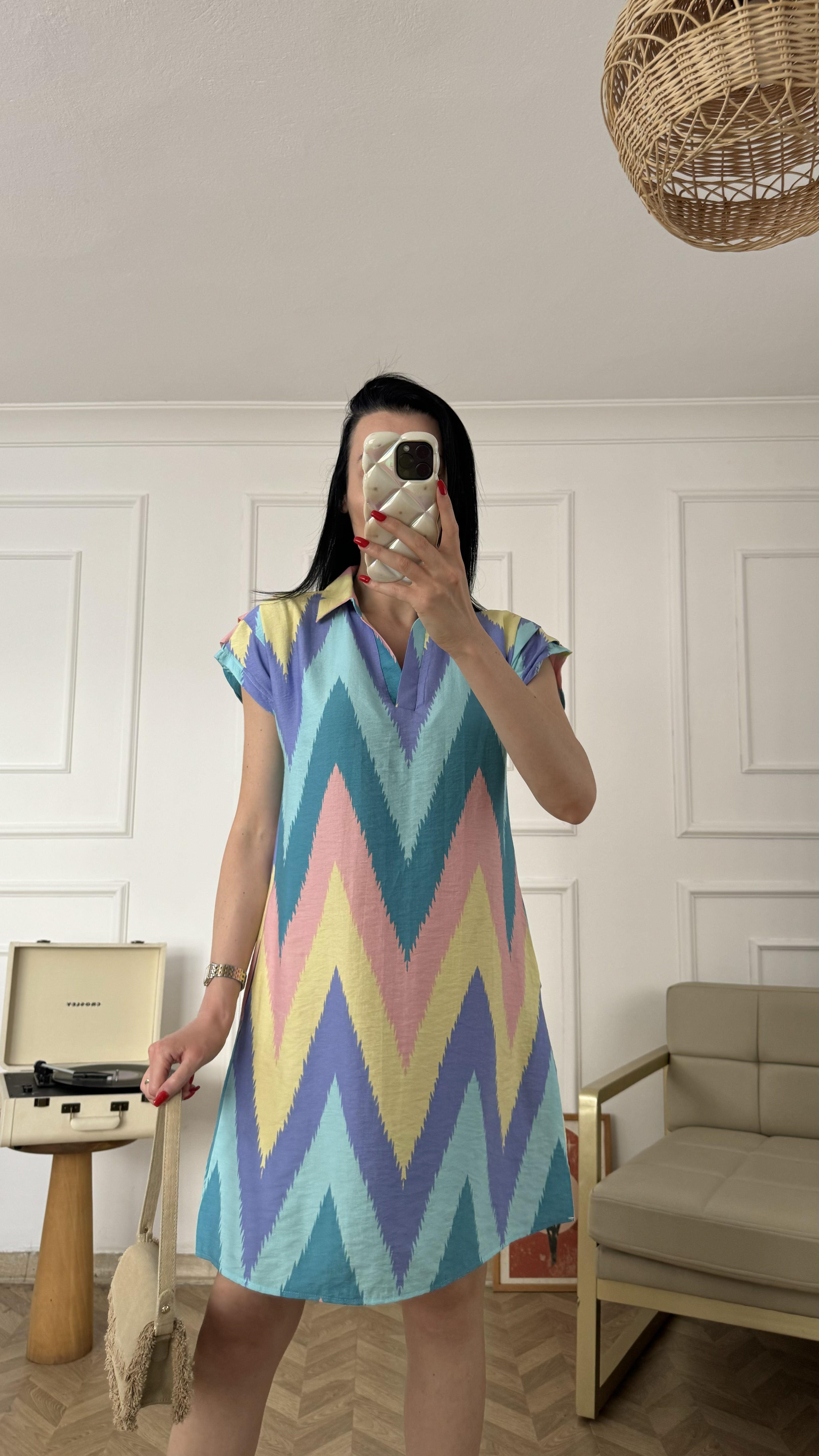 Pastel Polo Yaka Ayrobin Keten Elbise