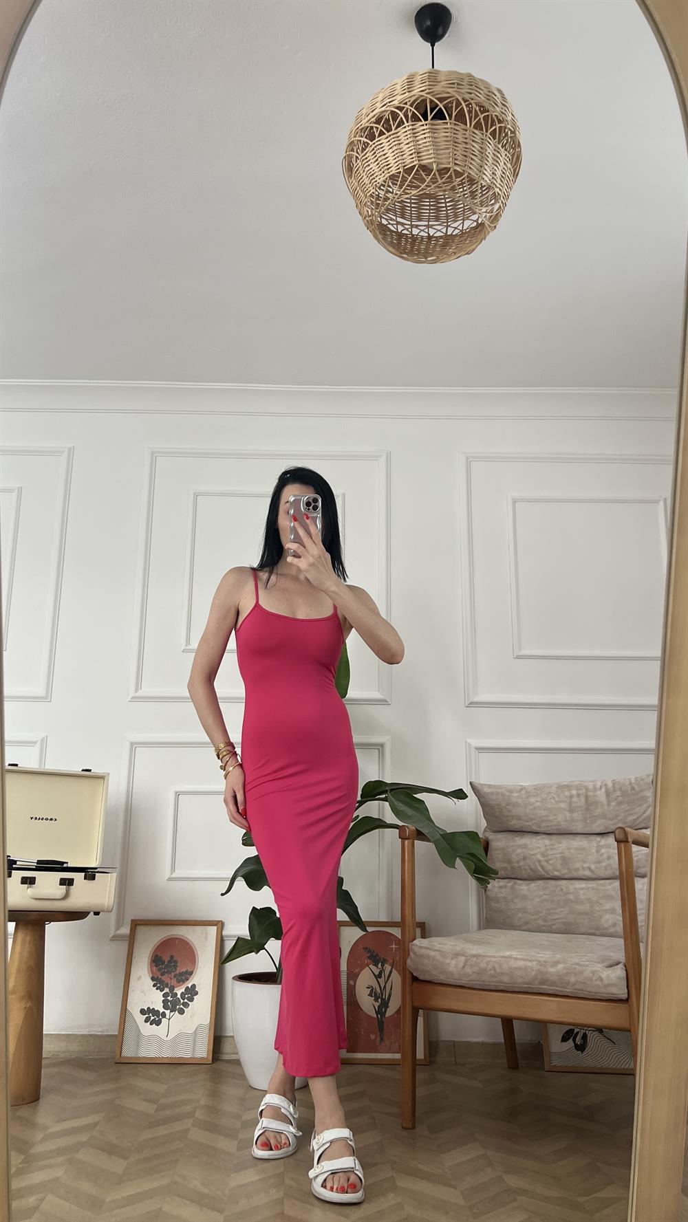 Pembe Askıları Ayarlanabilir Likralı Elbise