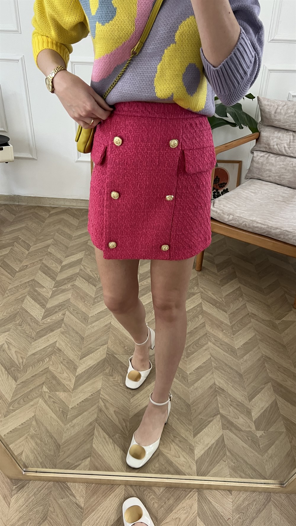 Pembe Astarlı Gold Düğmeli Tüvit Etek