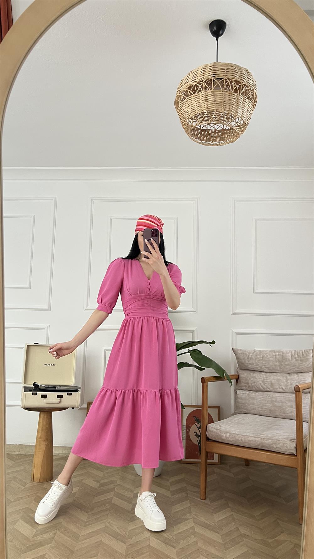 Pembe Beli Drape Detaylı Keten Elbise