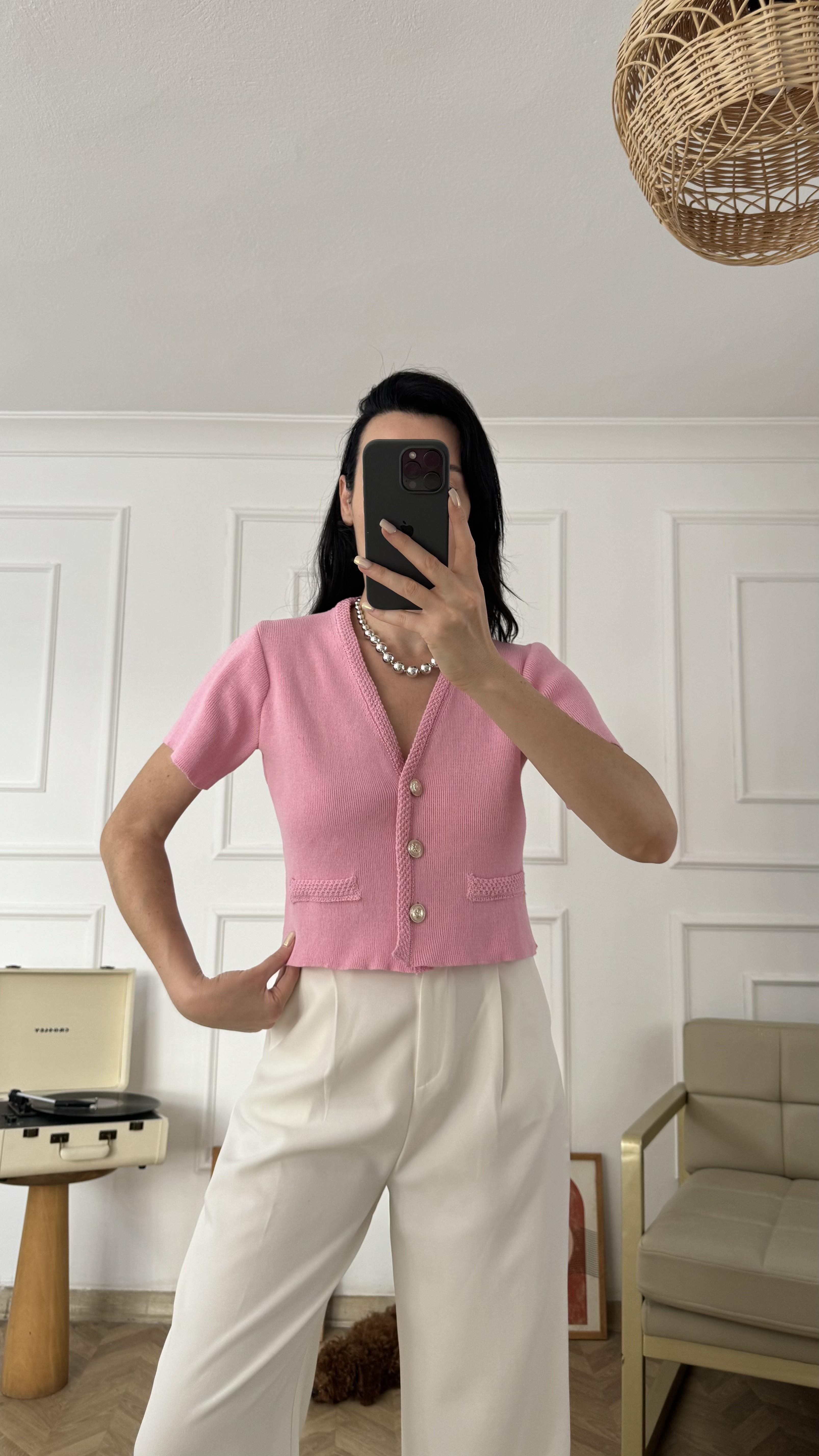 Pembe Cep Detaylı Kısa Kollu Hırka