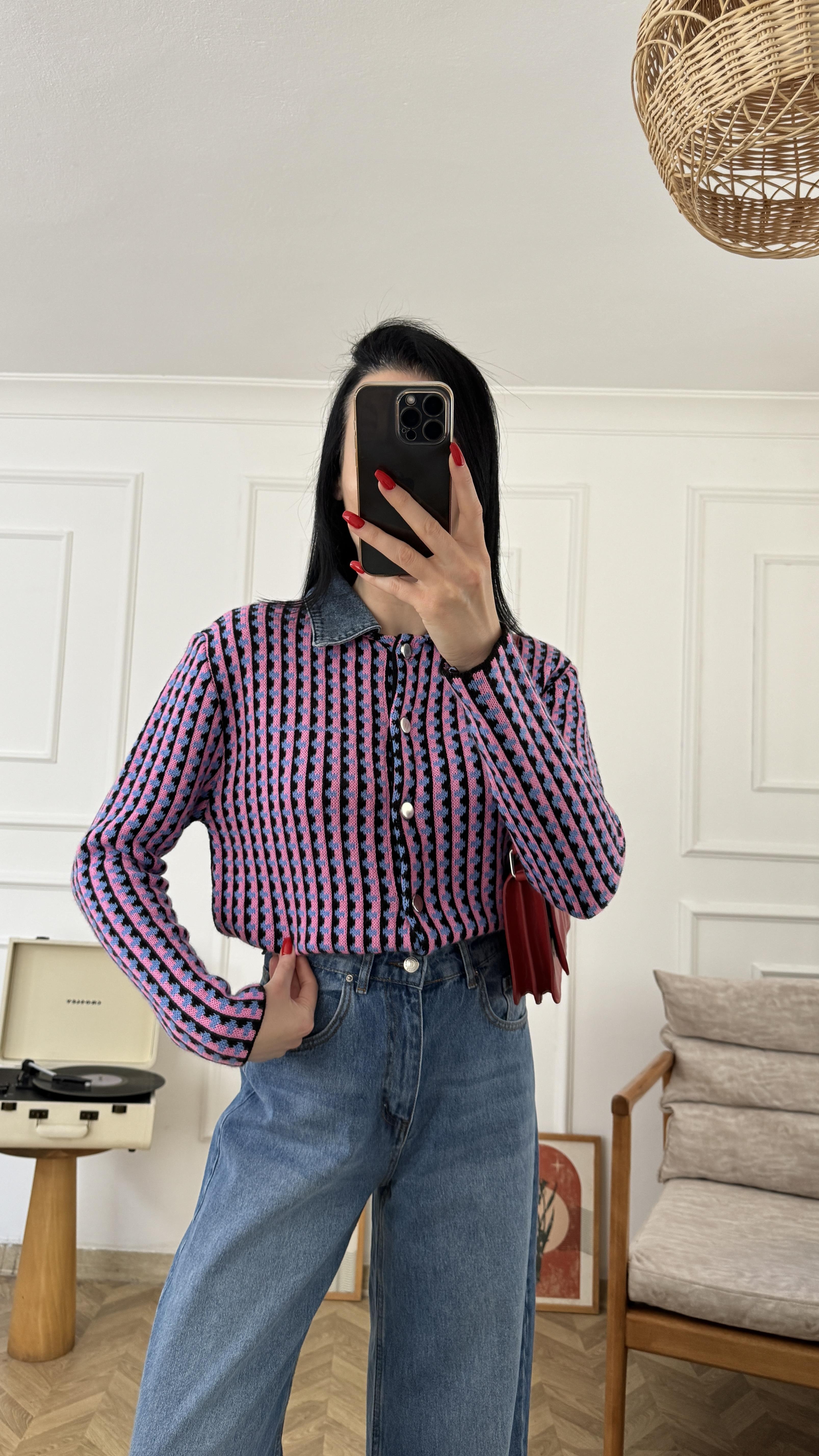 Pembe Denim Garnili Hırka