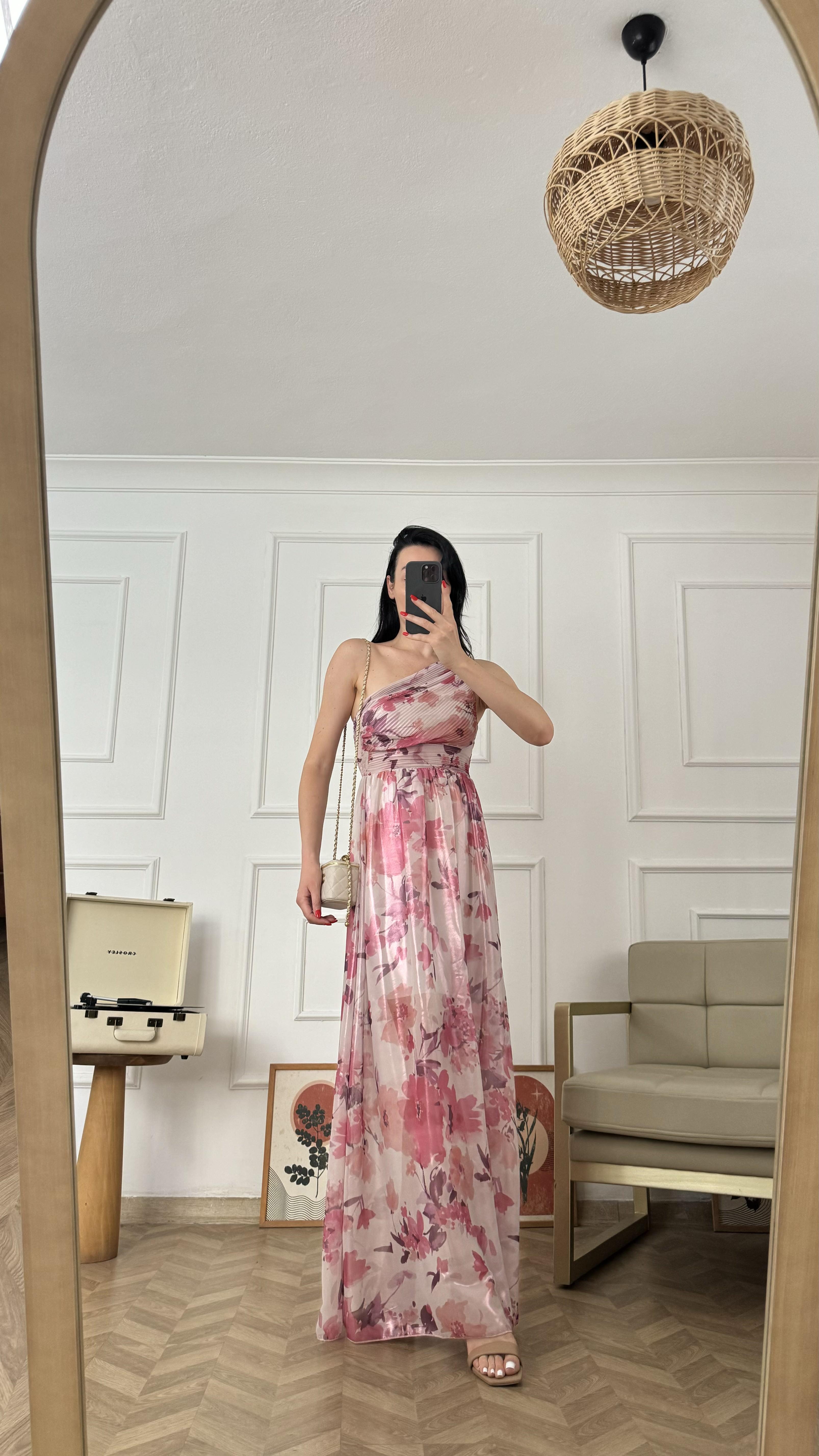 Pembe Desenli Tek Omuz Elbise