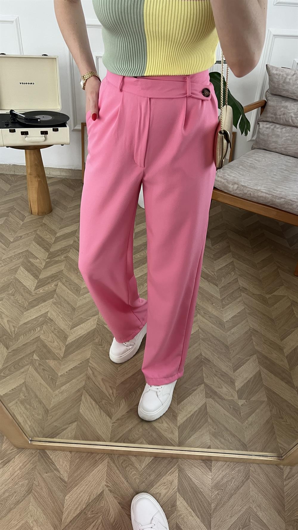 Pembe Düğme Detaylı Palazzo Pantolon