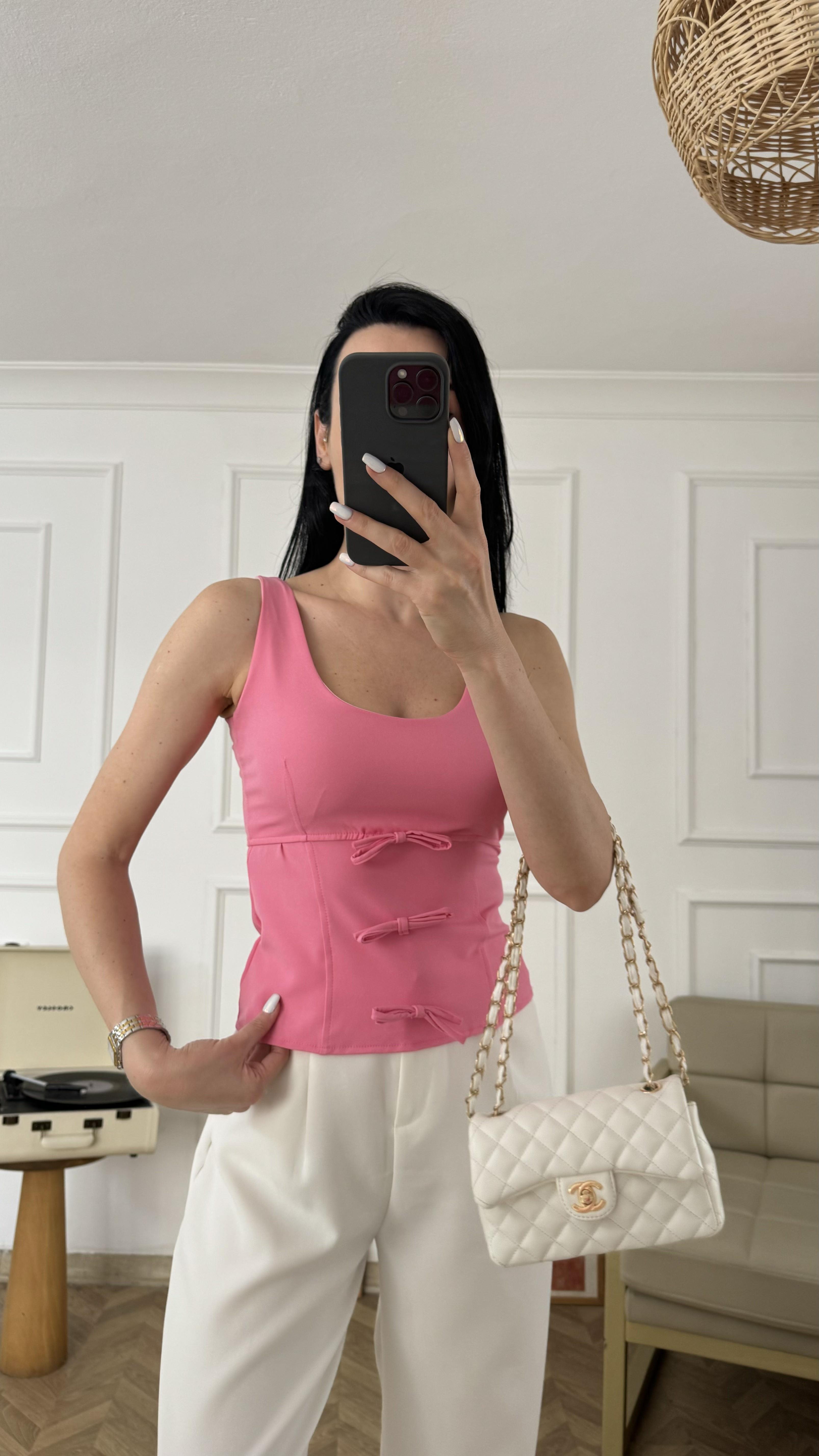 Pembe Fiyonk Detaylı Kalın Askılı Bluz