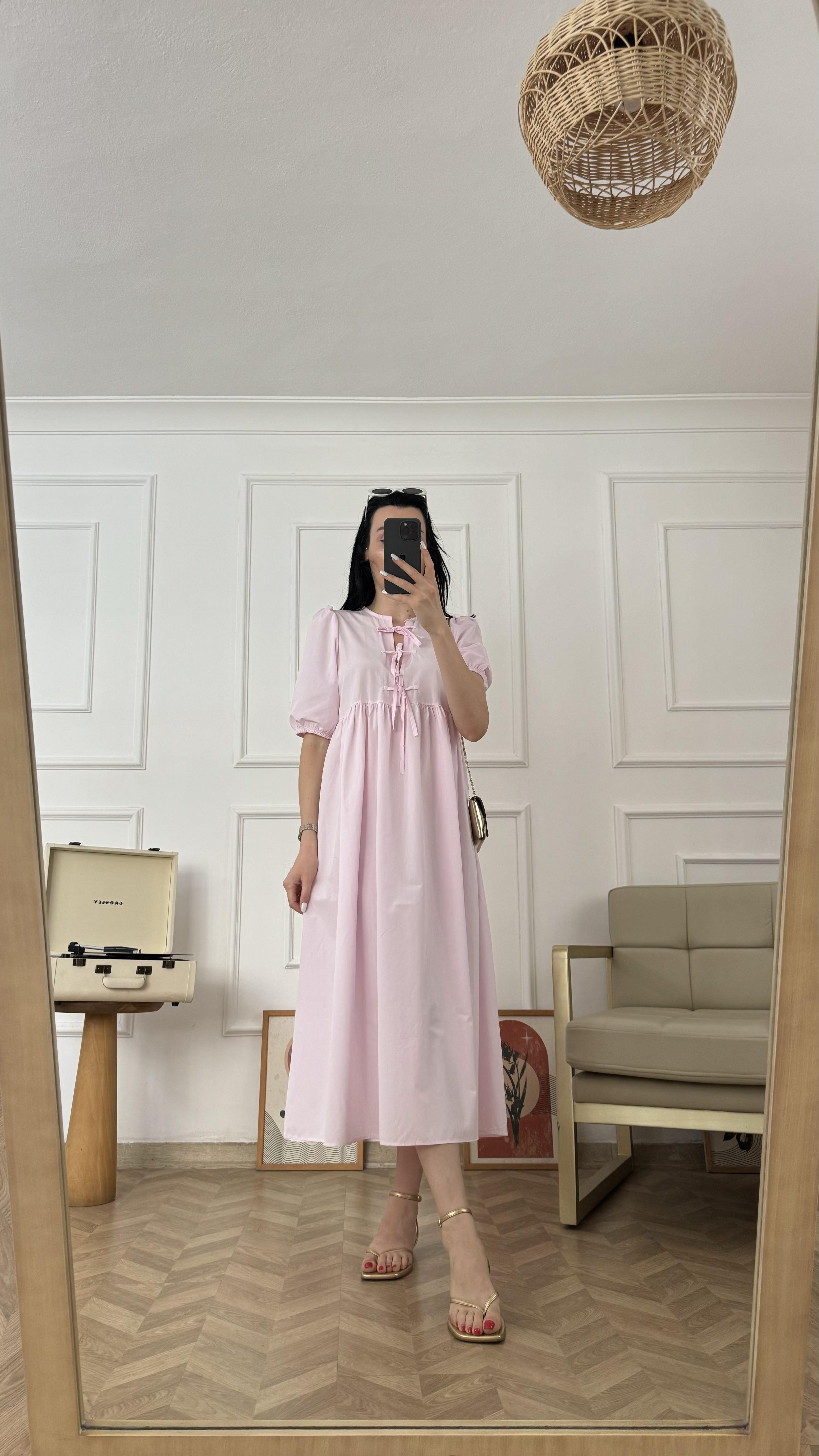 Pembe Fiyonklu Poplin Elbise