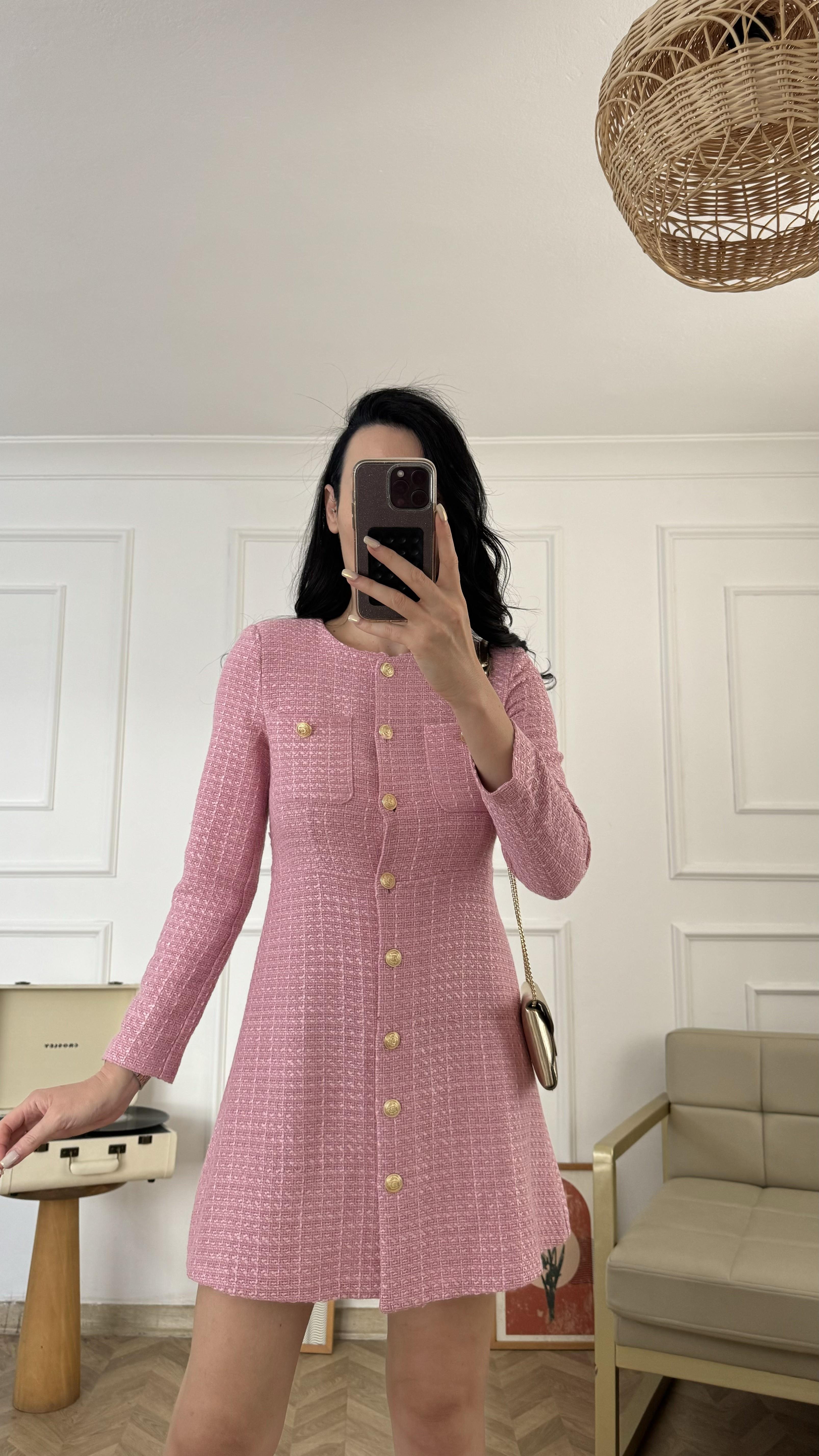 Pembe Gold Düğmeli Tuvit Elbise