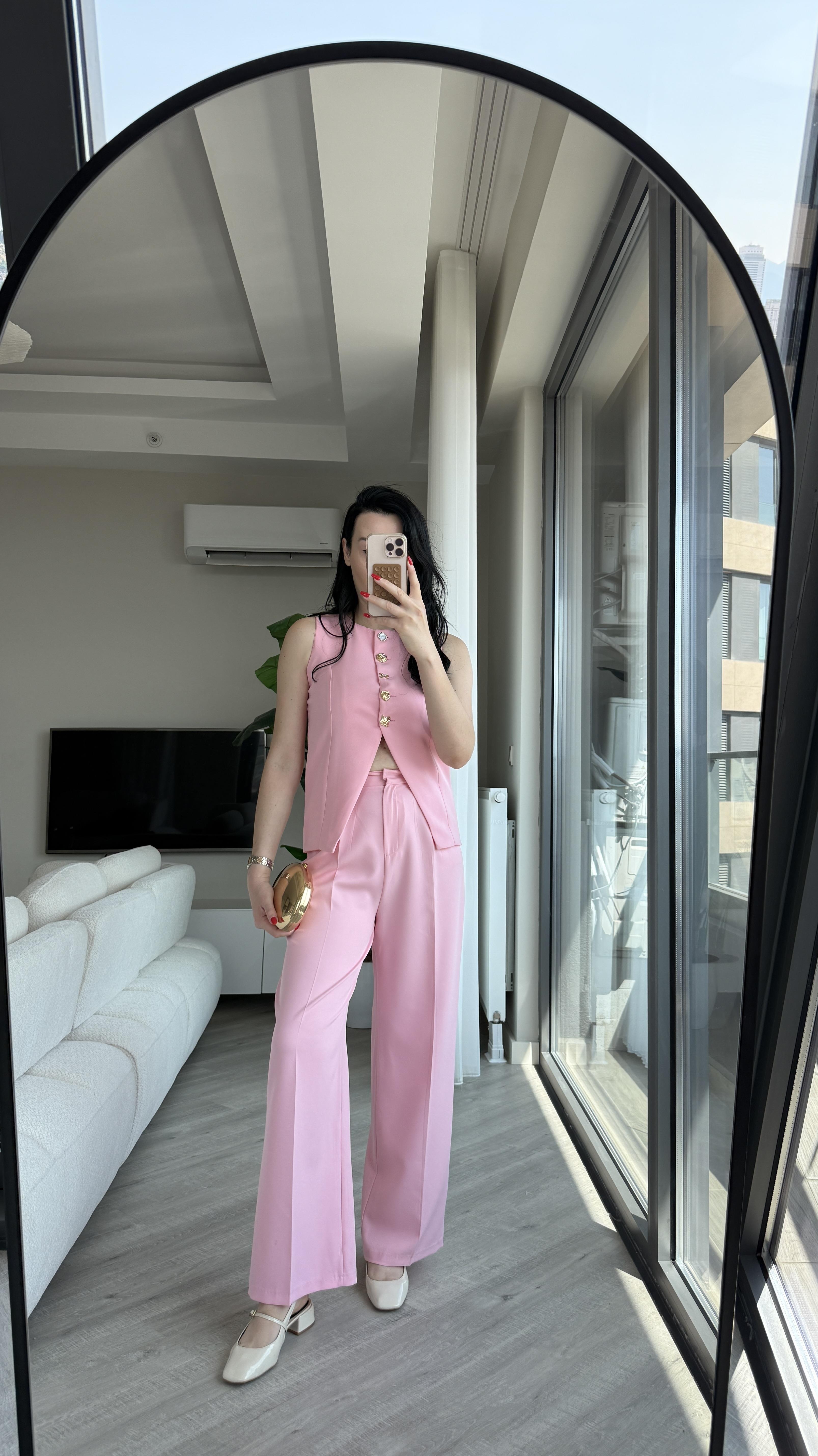 Pembe Gold Düğmeli Yelekli Takım